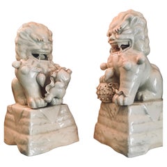 Antique A Pair of Blanc de Chine Ceramic Foo Dogs, Ca. 1840