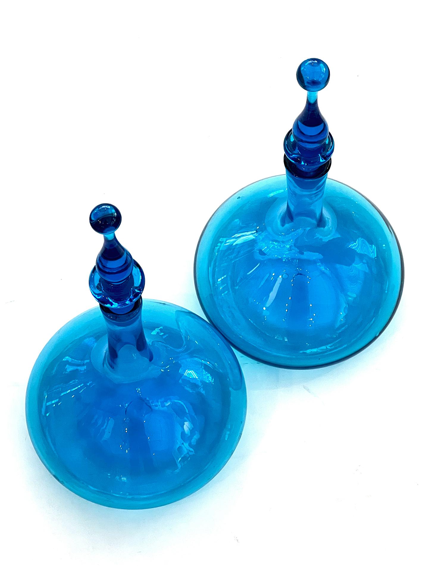 Modern A Pair of Blenko Glass Works Genie Bottle Decanters with Solid Glass Stoppers For Sale
