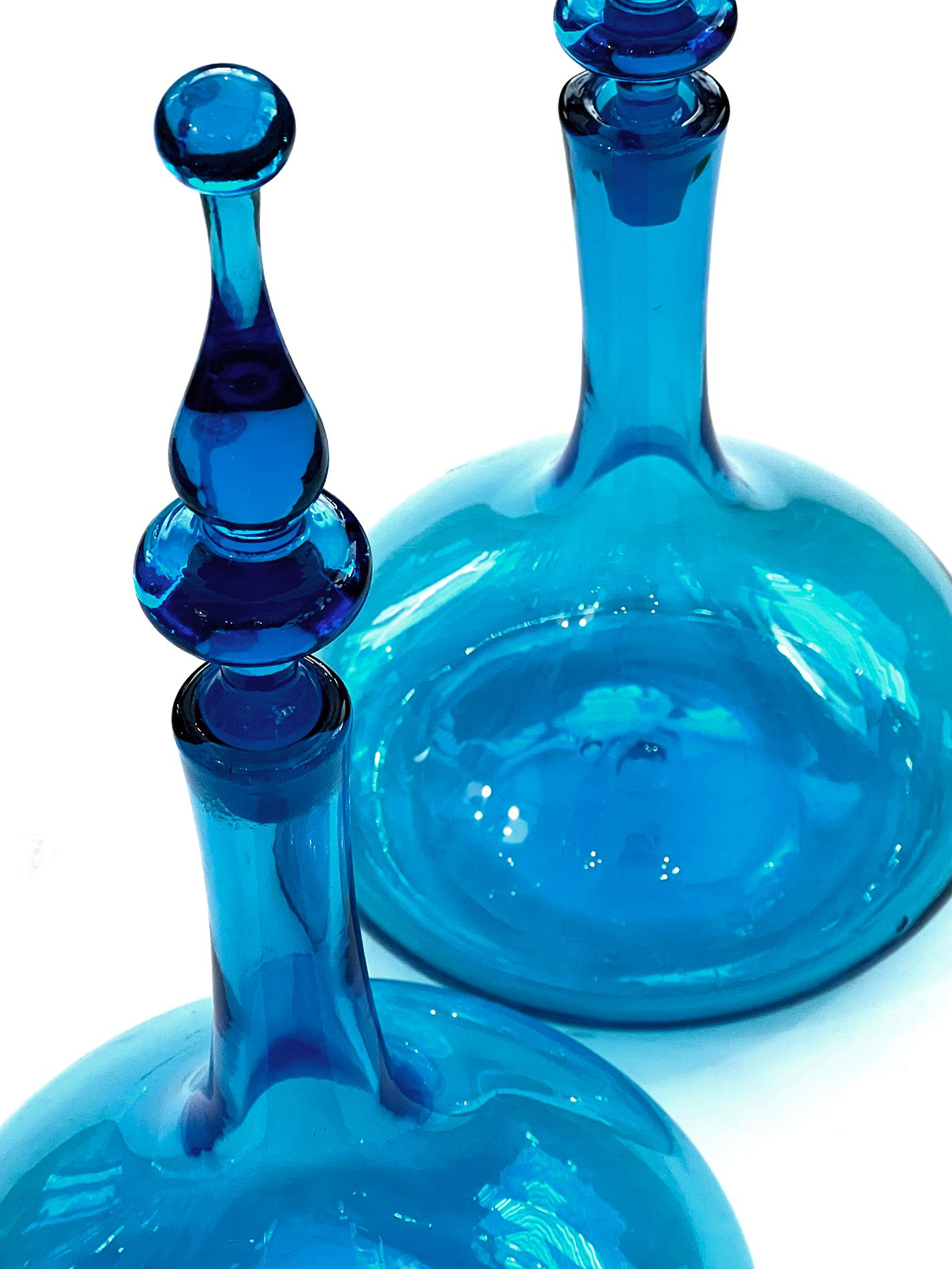 American A Pair of Blenko Glass Works Genie Bottle Decanters with Solid Glass Stoppers For Sale