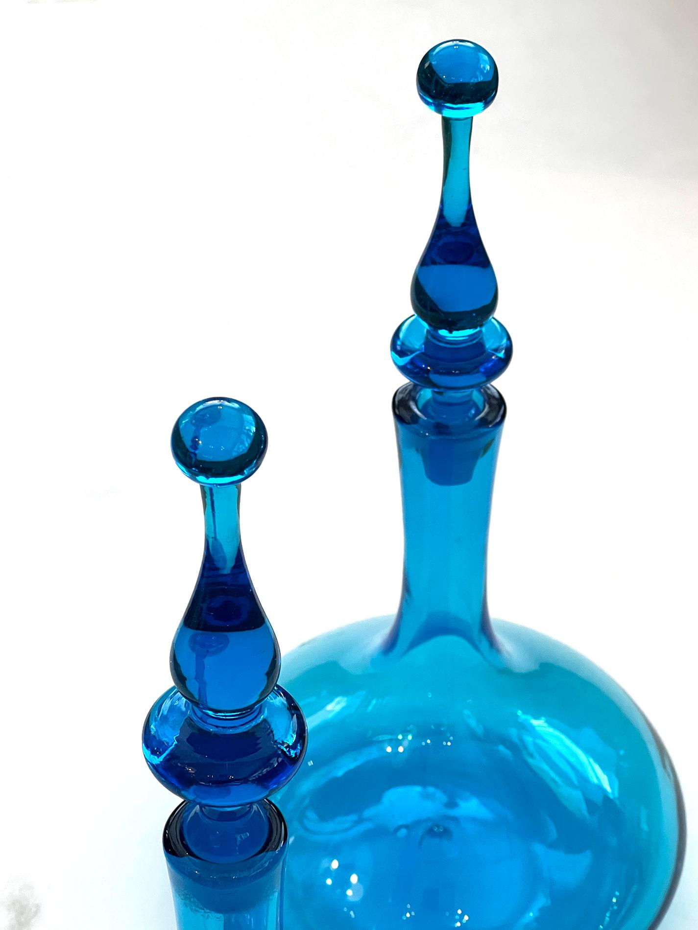 Hand-Crafted A Pair of Blenko Glass Works Genie Bottle Decanters with Solid Glass Stoppers For Sale