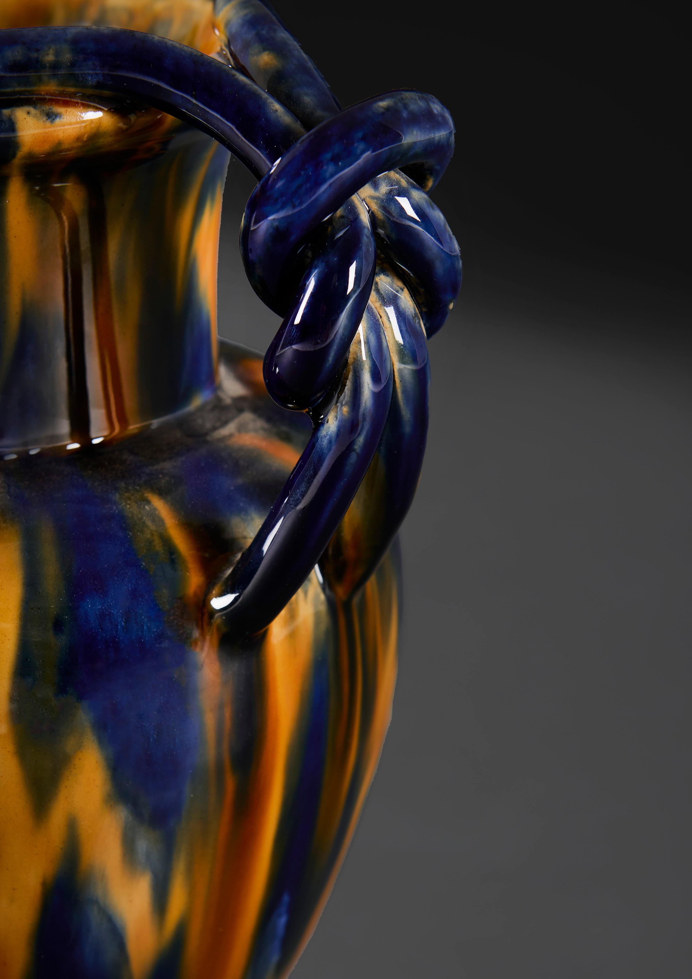 French A Pair of Blue and Amber Aptware Pottery Vases as Table Lamps