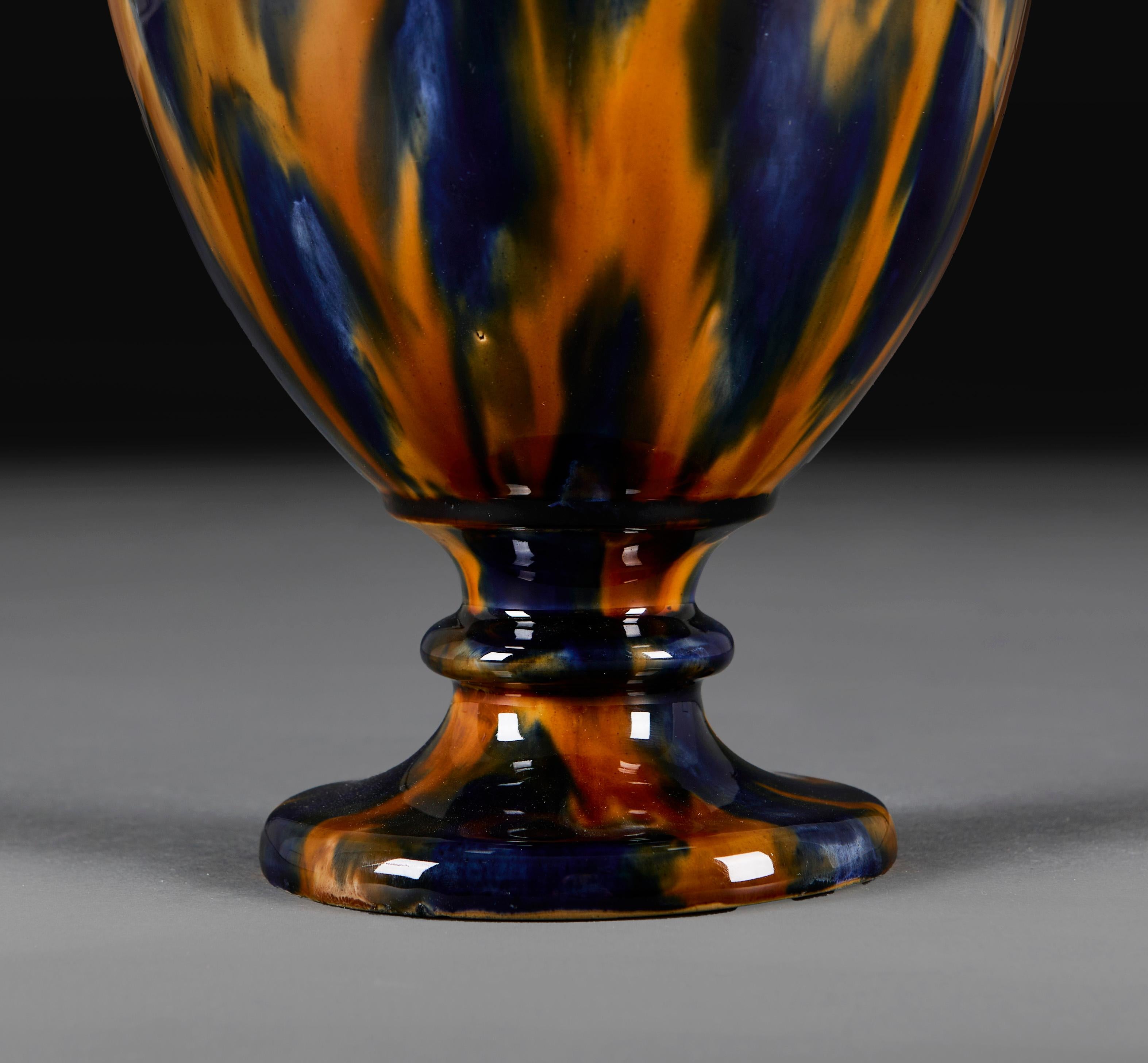 Glazed A Pair of Blue and Amber Aptware Pottery Vases as Table Lamps