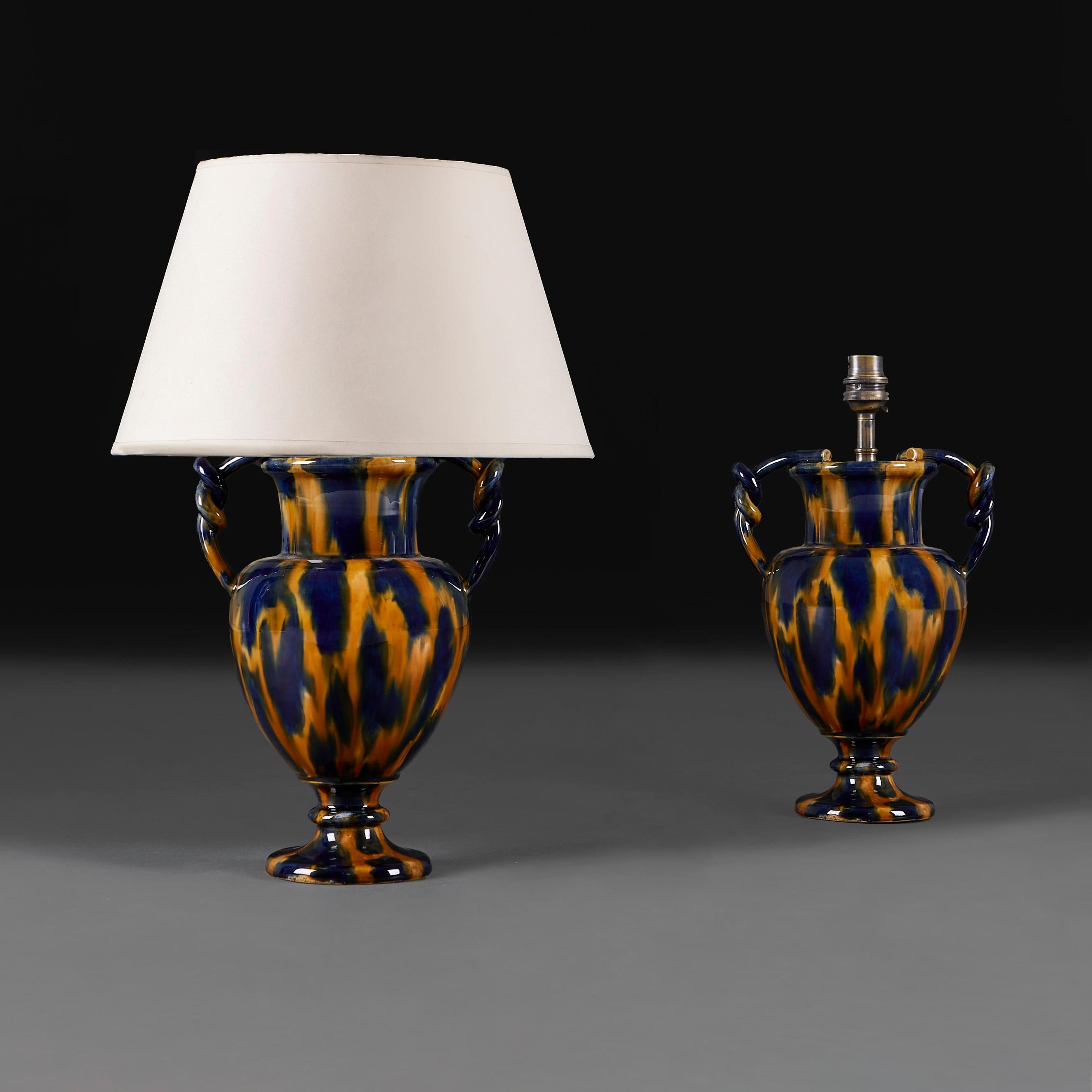 A Pair of Blue and Amber Aptware Pottery Vases as Table Lamps In Good Condition In London, GB