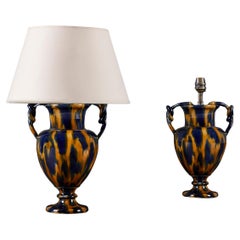 Antique A Pair of Blue and Amber Aptware Pottery Vases as Table Lamps