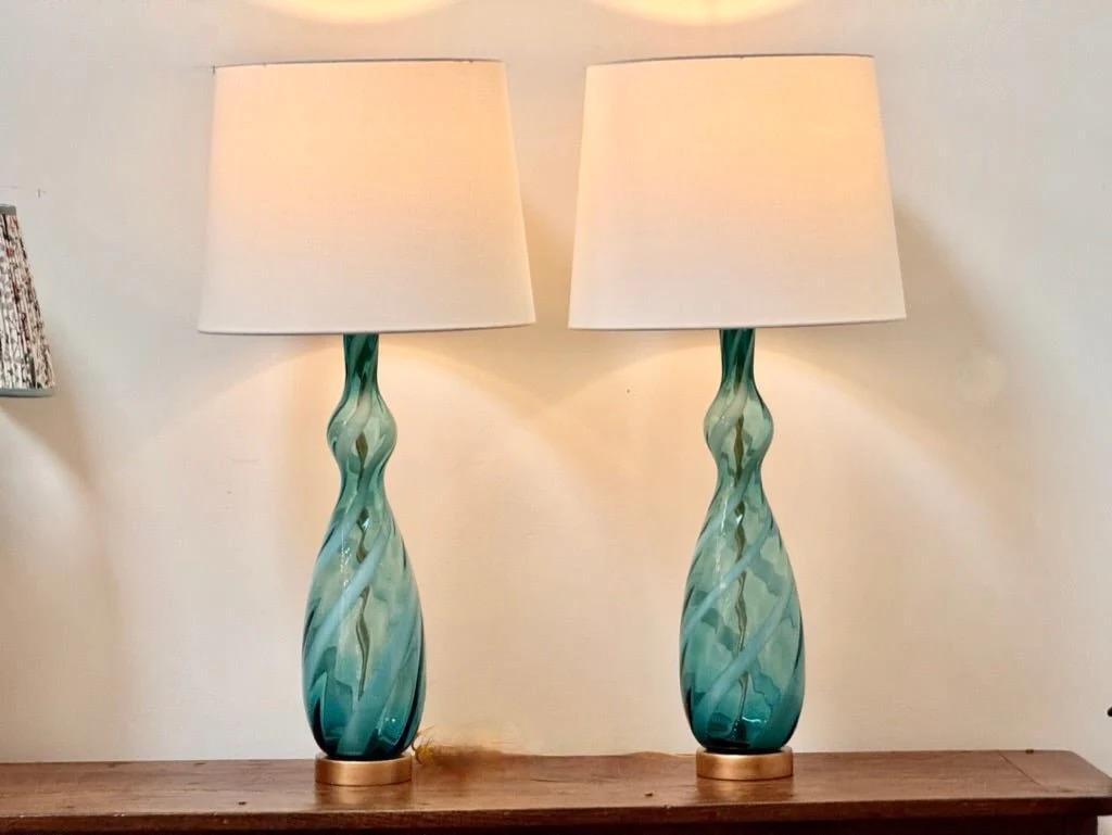 Unknown A pair of blue and clear twist Murano table lamps, c. 1960