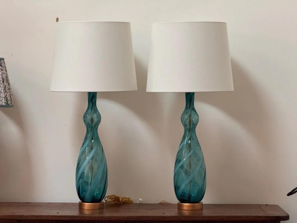 A pair of blue and clear twist Murano table lamps, c. 1960 In Good Condition In Charlottesville, VA