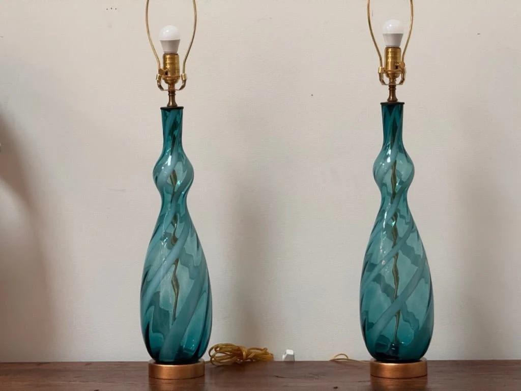 20th Century A pair of blue and clear twist Murano table lamps, c. 1960
