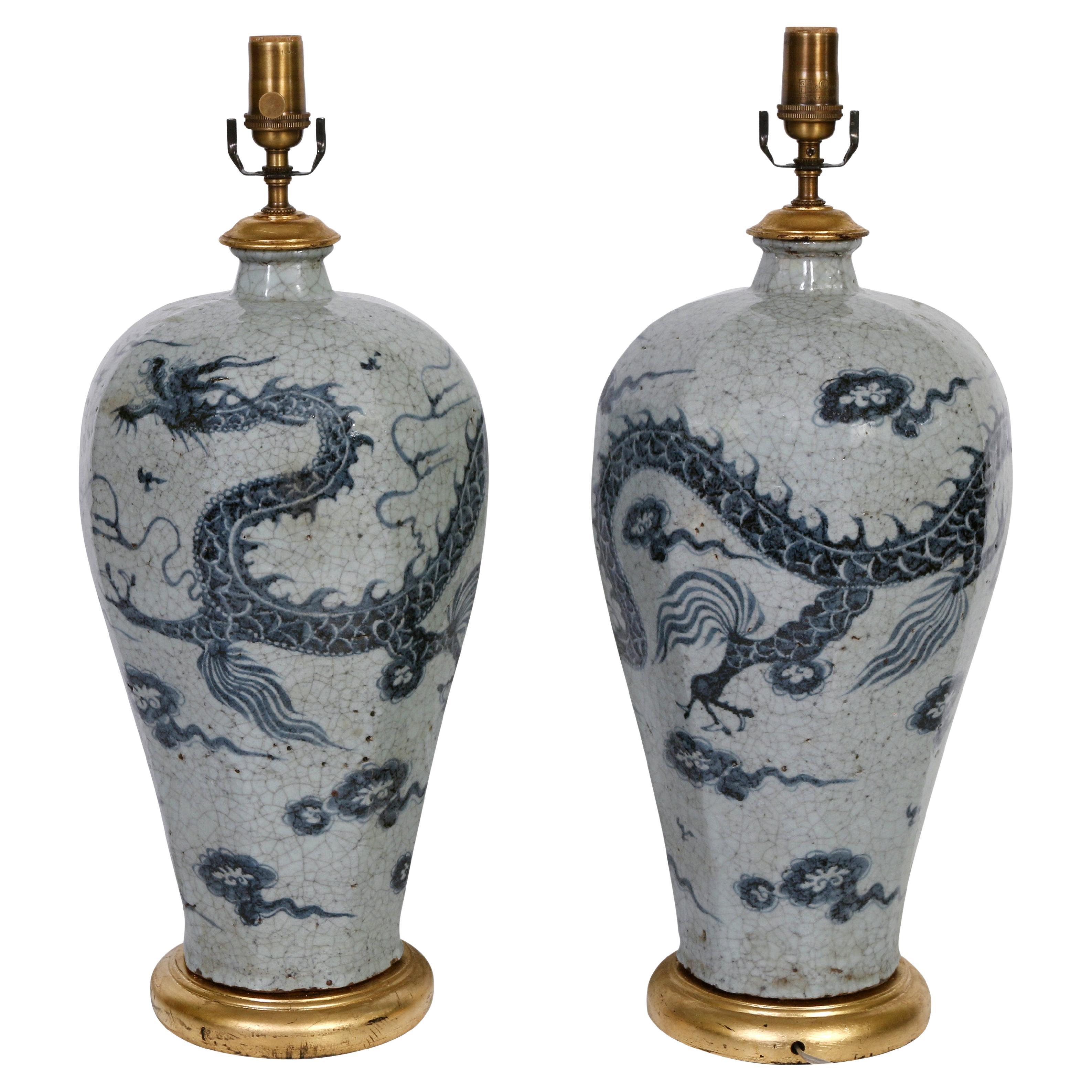 Pair of Blue and Gray Chinese Export Lamps For Sale