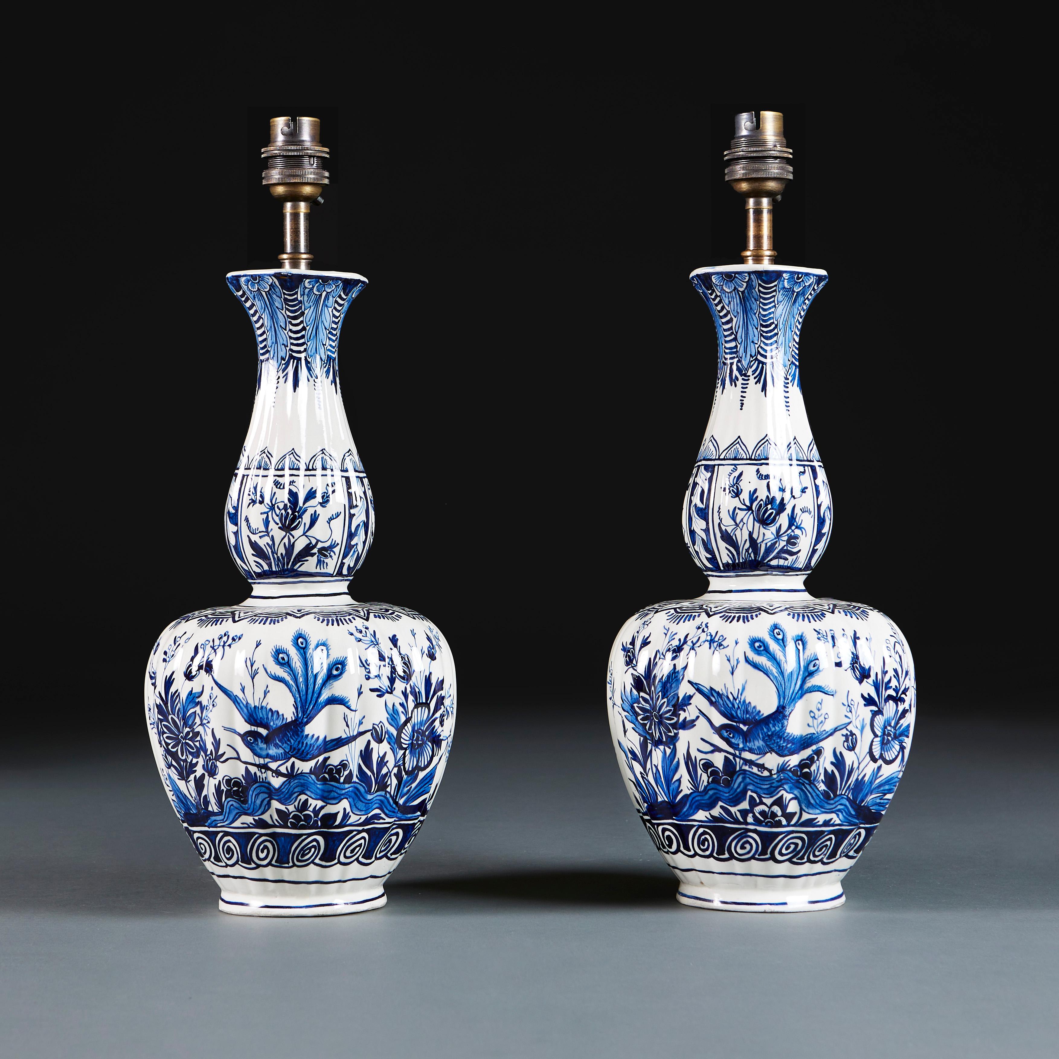 Dutch Pair of Blue and White Delft Lamps