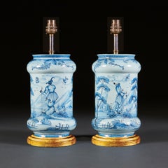 Pair of Blue and White Italian Tin Glaze Vases as Lamps