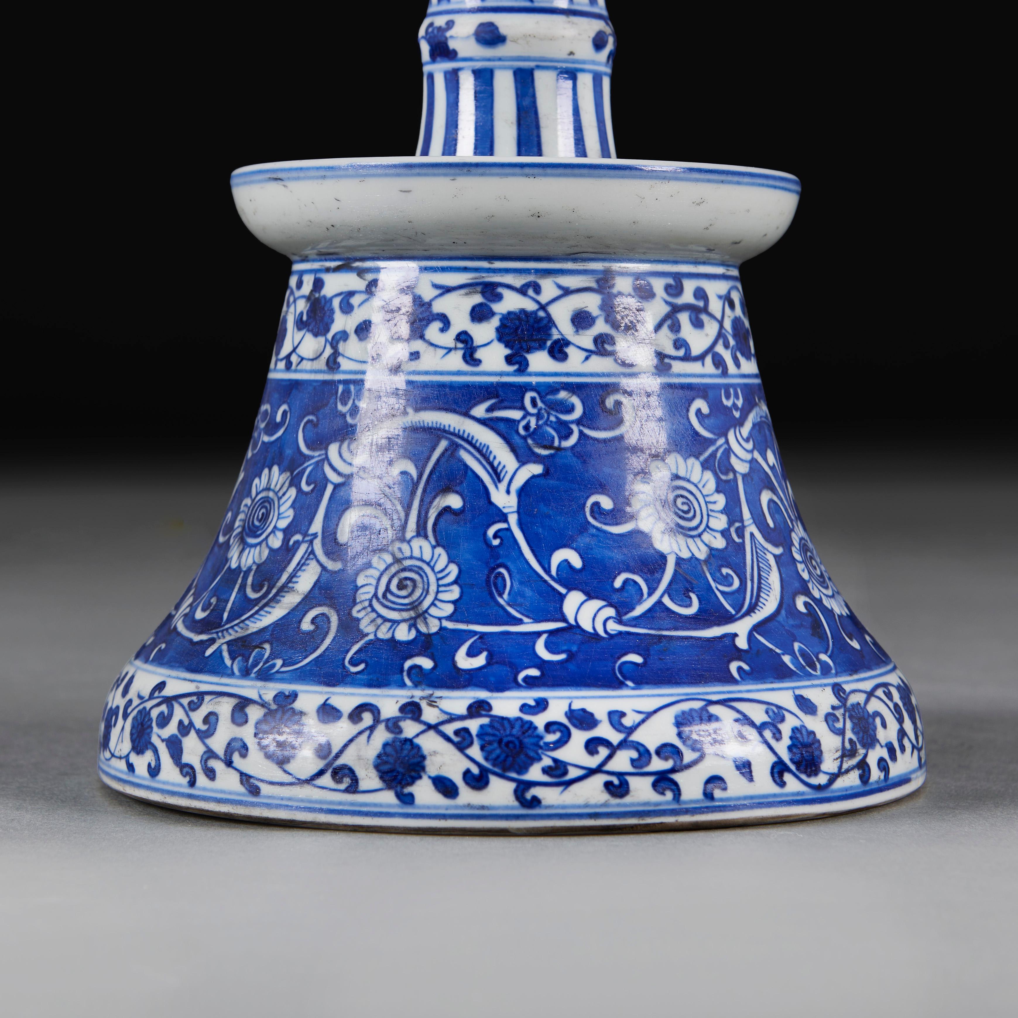 French A Pair of Blue and White Iznik Style Candlestick Table Lamps
