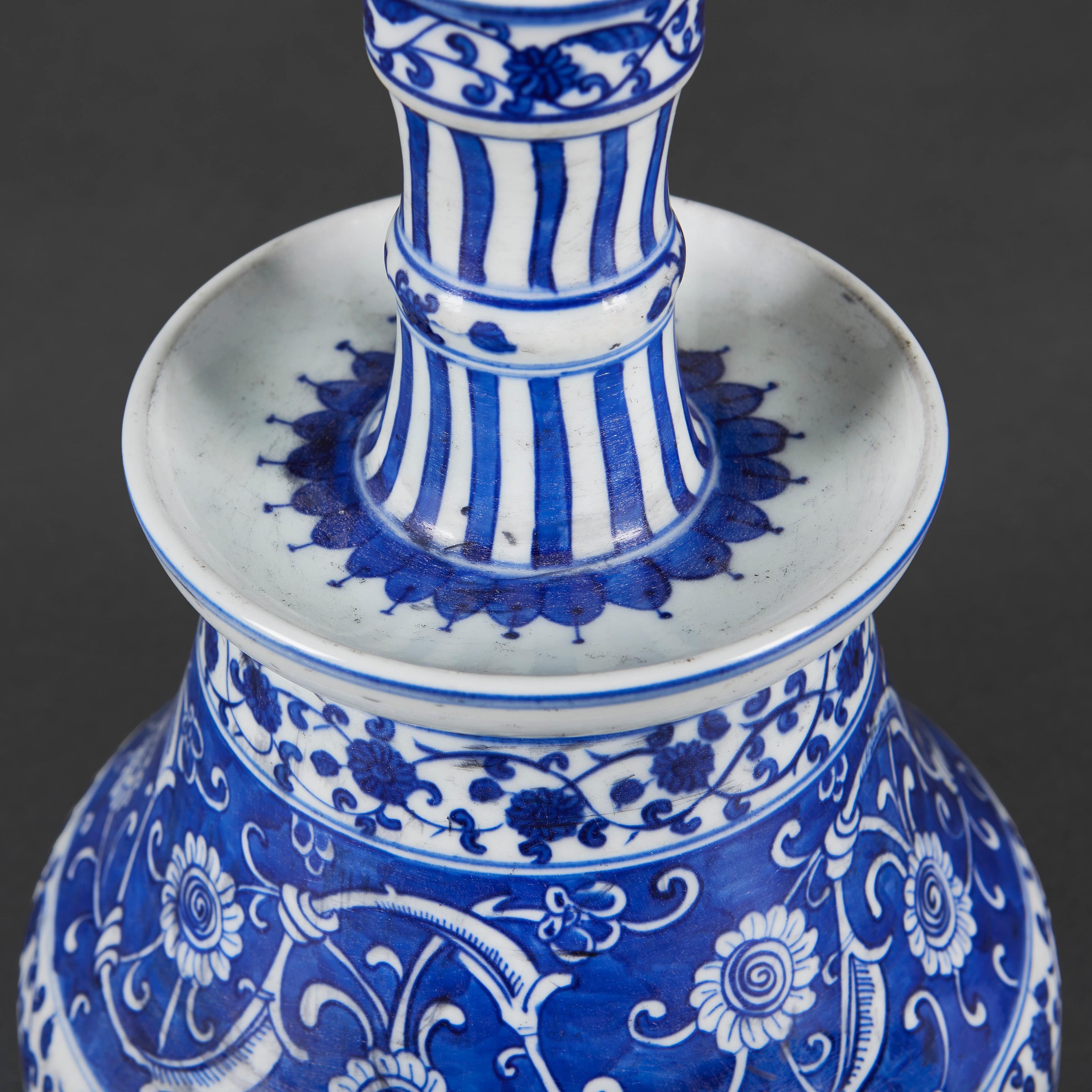 Glazed A Pair of Blue and White Iznik Style Candlestick Table Lamps