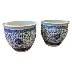 A pair of blue and white 'lotus' jardinières late Qing dynasty, early 20th centu