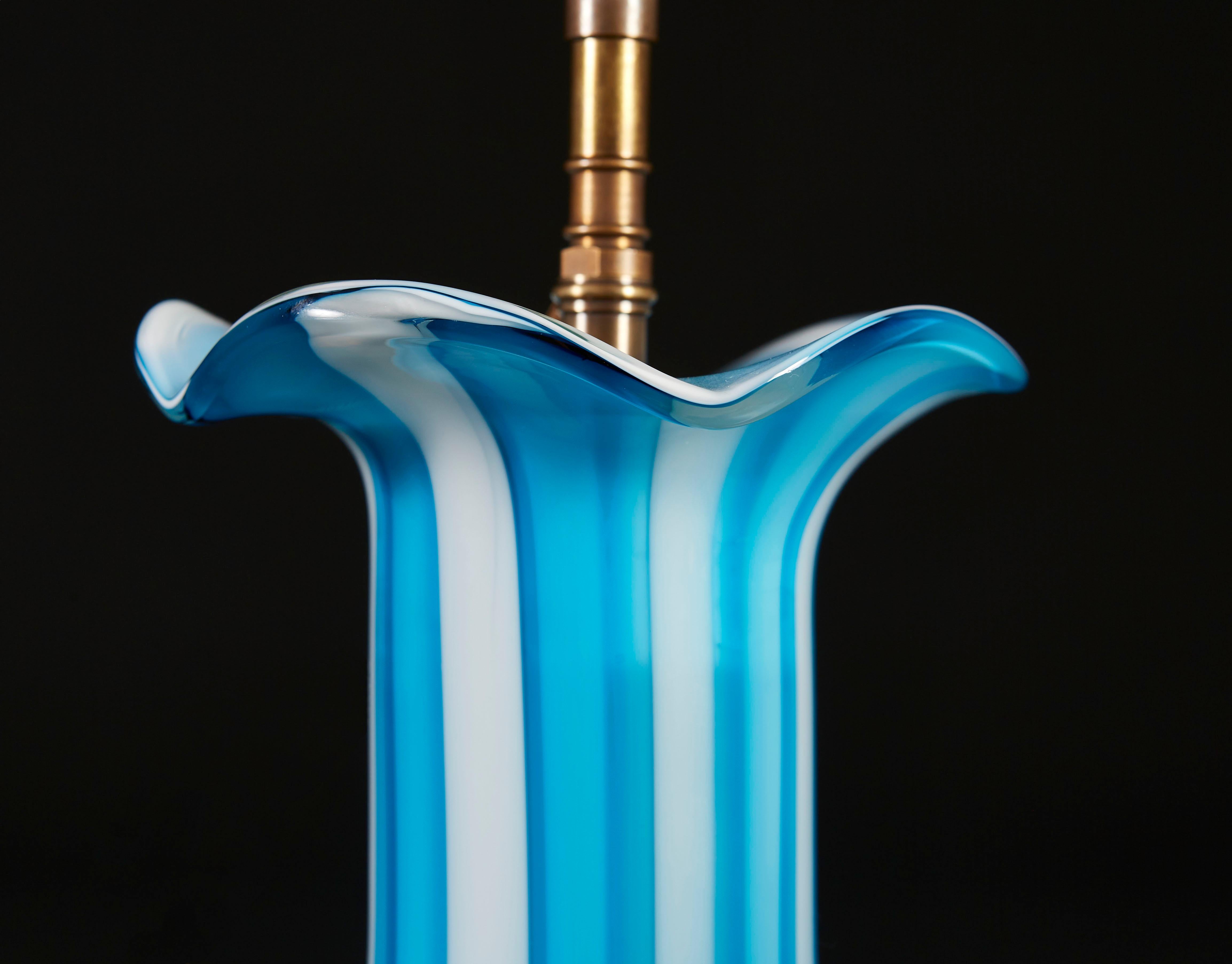 Italian Pair of Blue and White Murano Glass Lamps