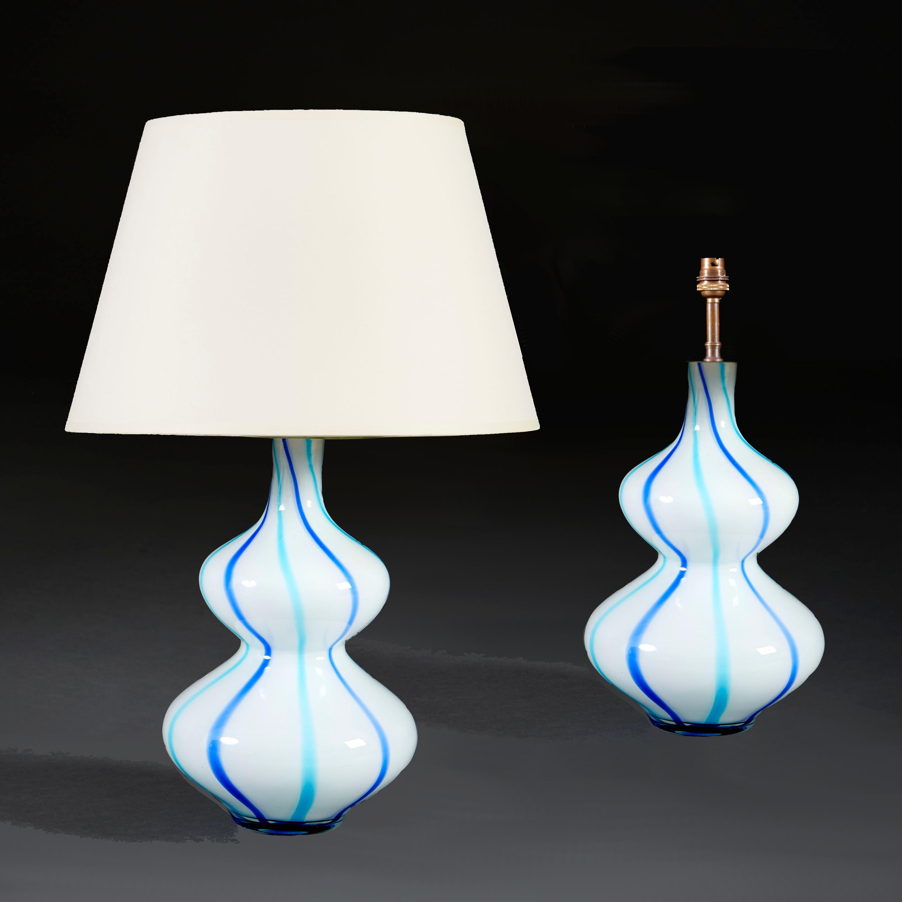 A Pair of Blue and White Stripe Double Gourd Murano Glass Vases as Table Lamps For Sale 1
