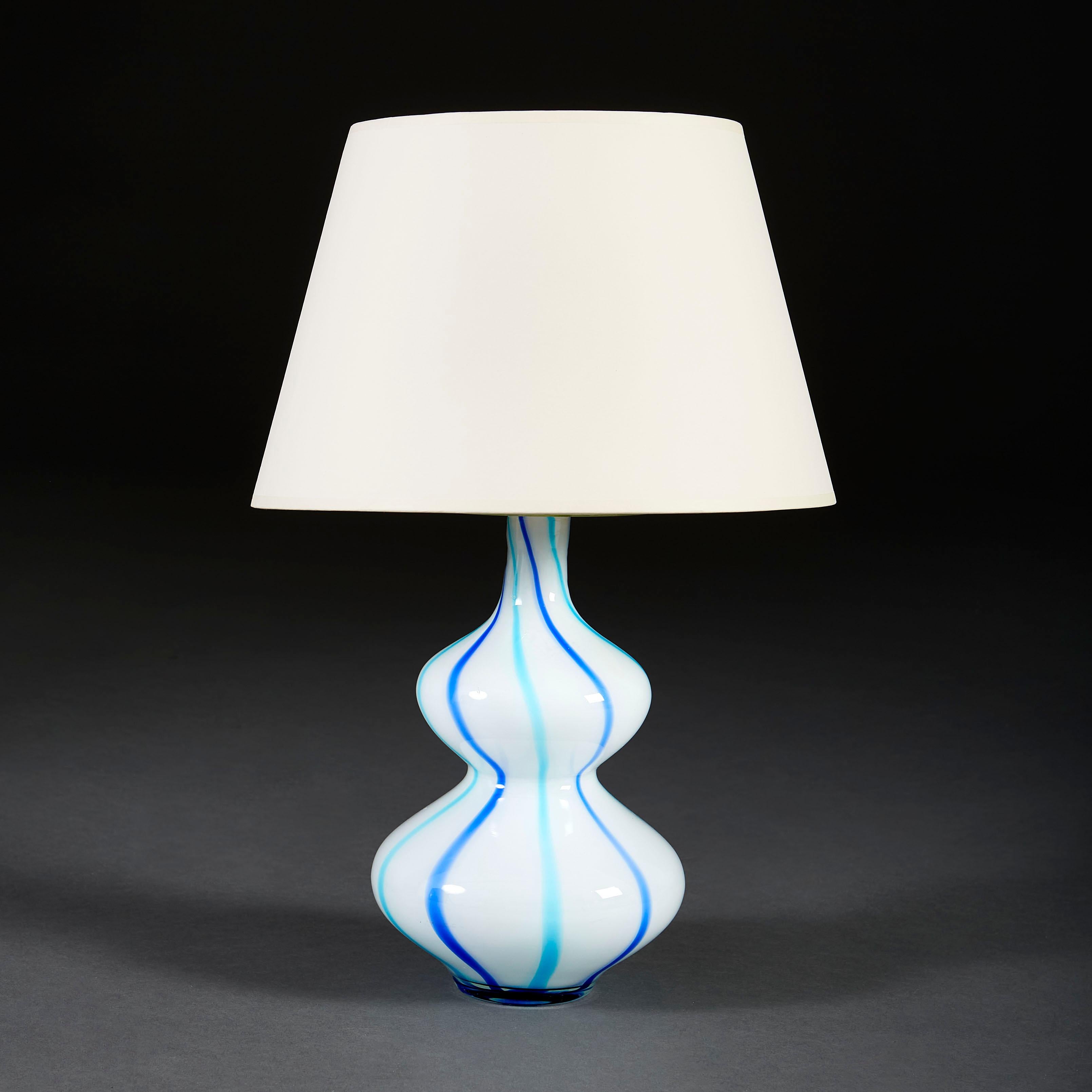 A Pair of Blue and White Stripe Double Gourd Murano Glass Vases as Table Lamps 2