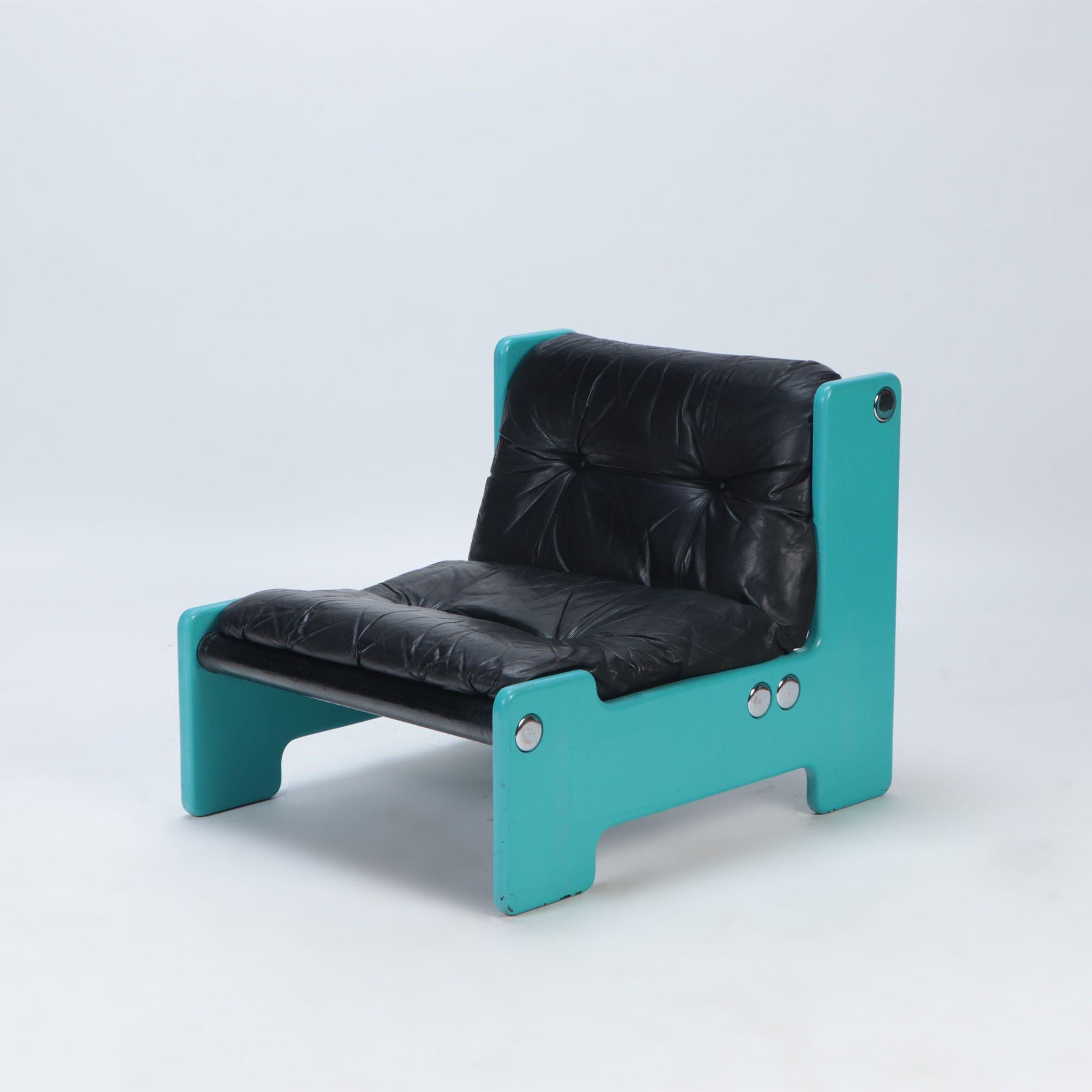 A pair of blue framed lounge chairs with black leather seats, C 1970.