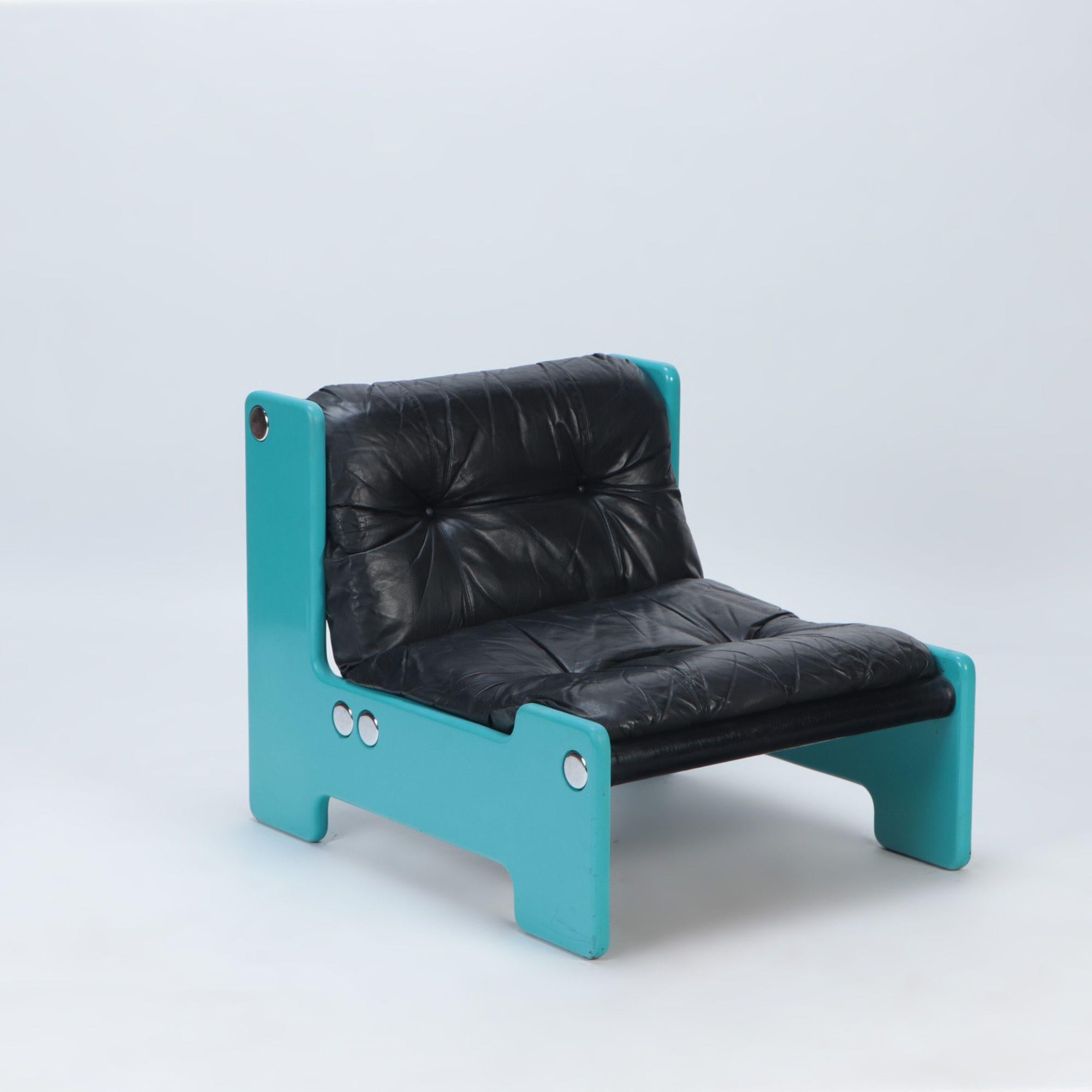 Late 20th Century Pair of Blue Framed Lounge Chairs with Black Leather Seats, C 1970