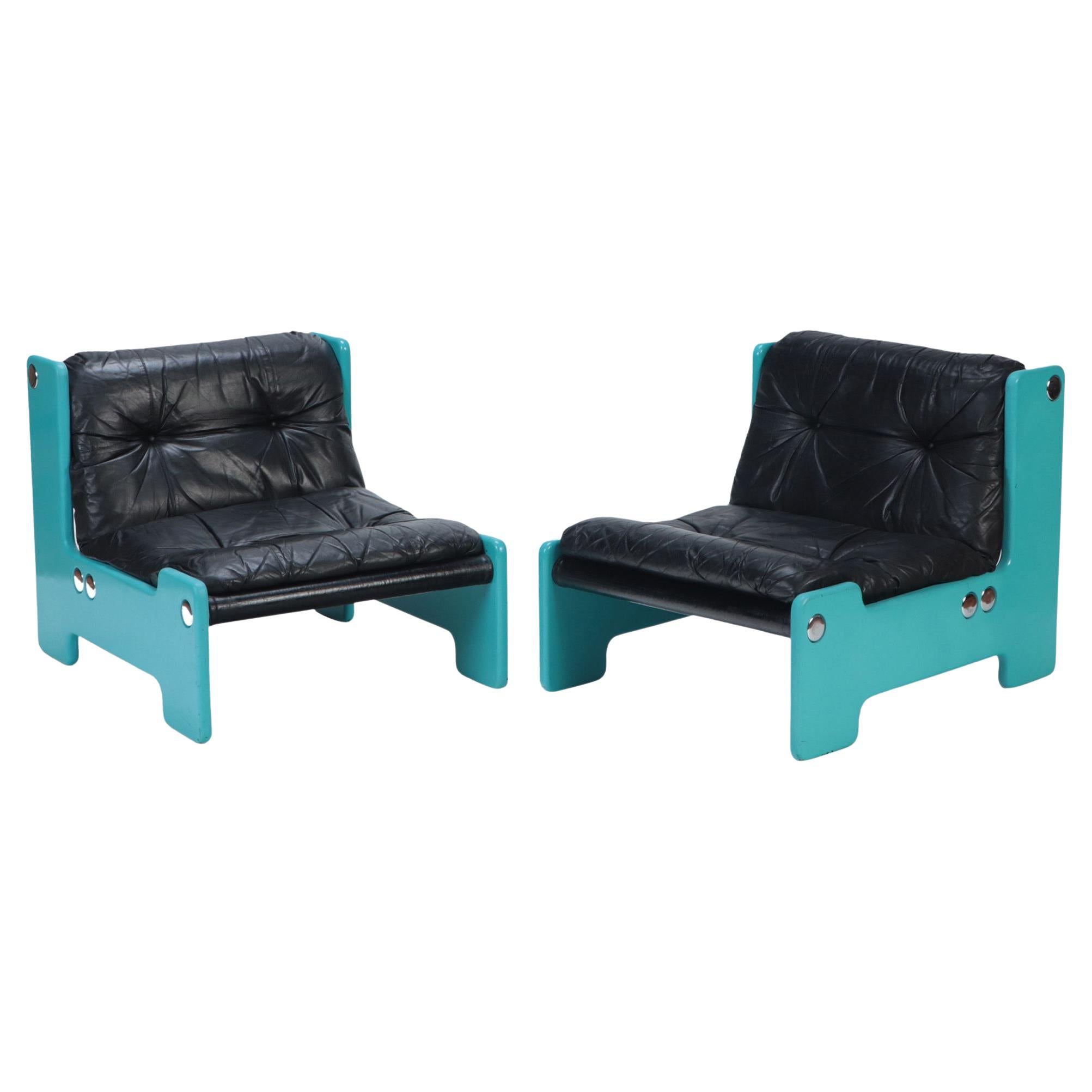 Pair of Blue Framed Lounge Chairs with Black Leather Seats, C 1970