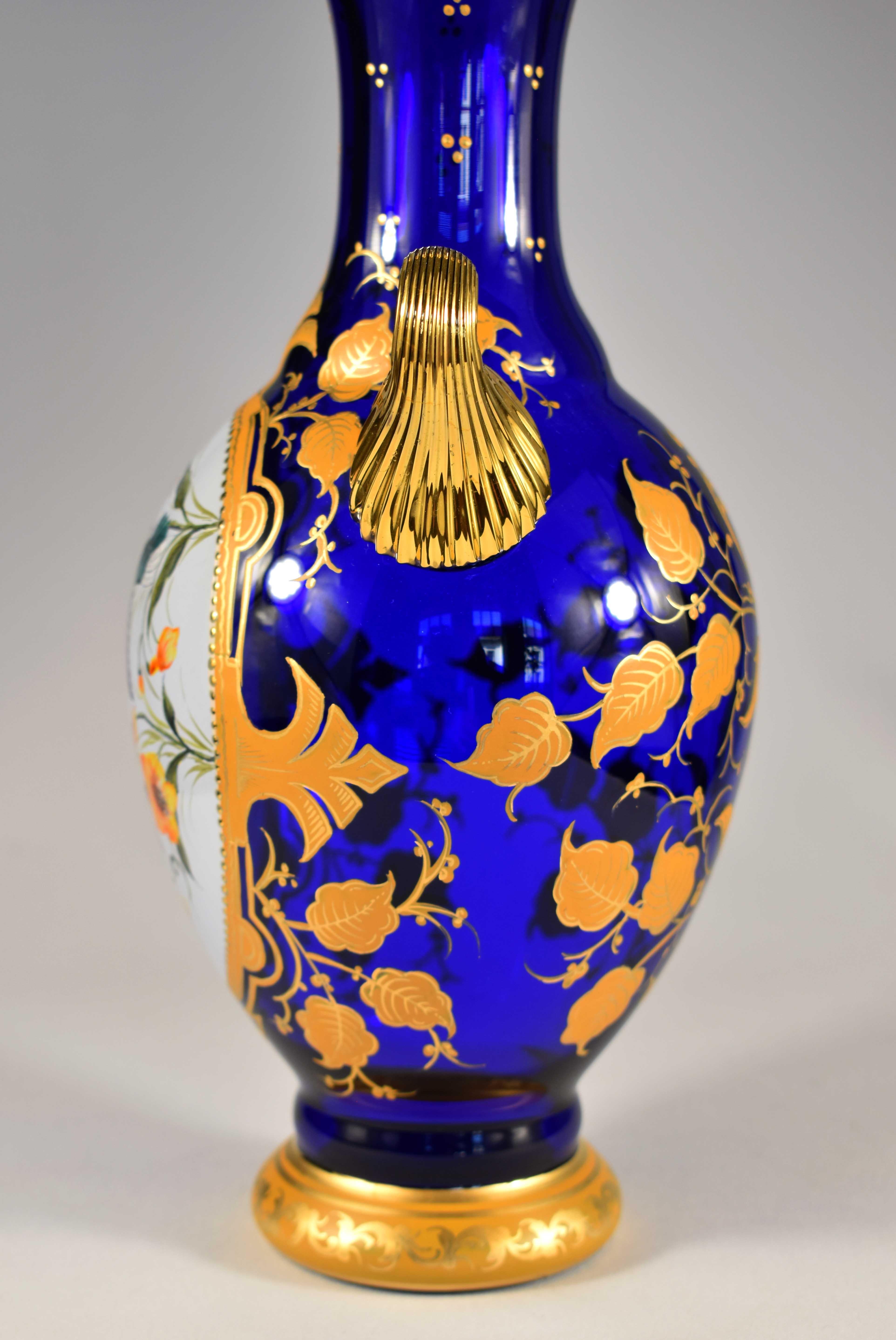 Pair of Blue Hand-Painted and Gilded Vases, Bohemian Glass 20h Century For Sale 10