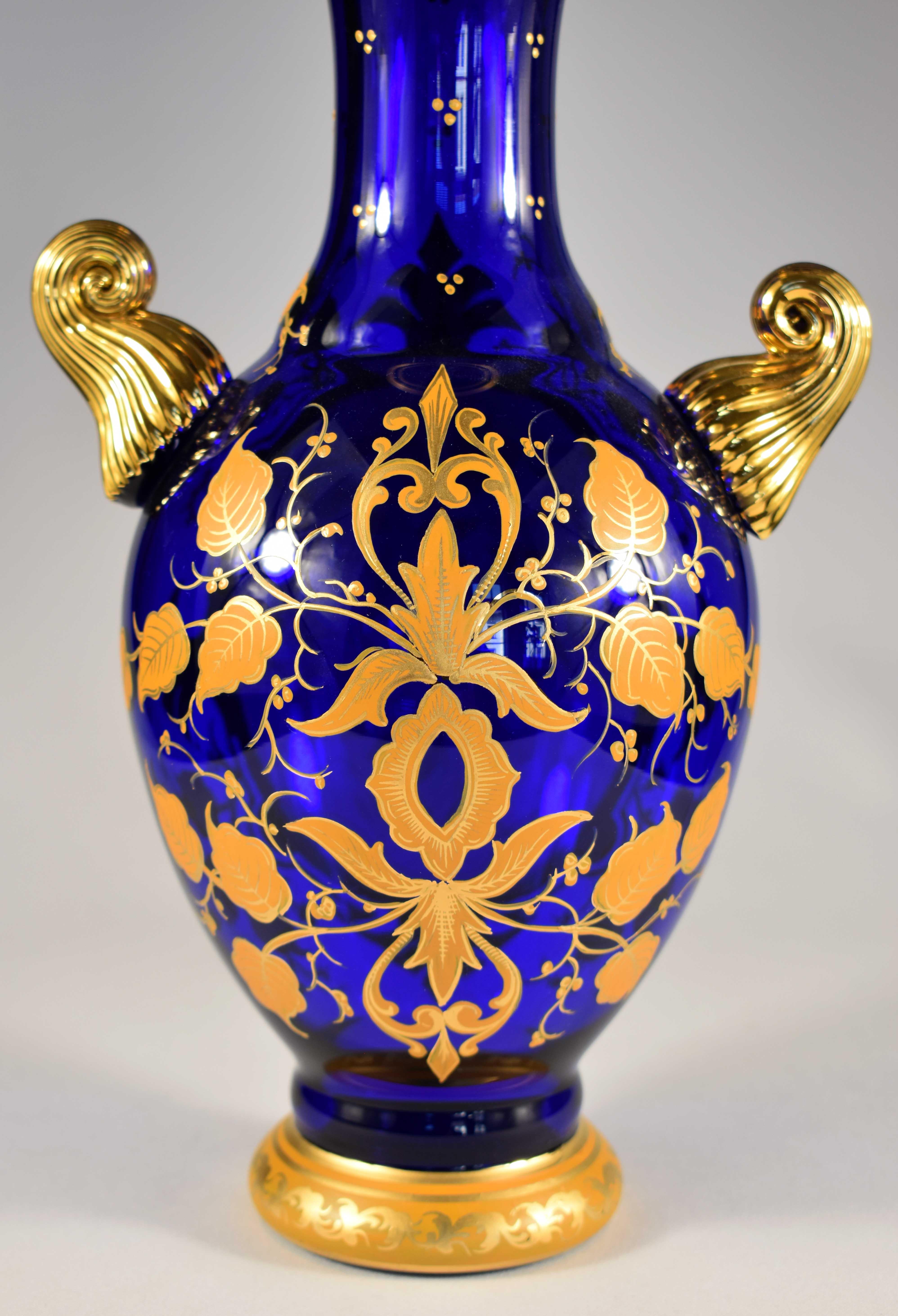 Pair of Blue Hand-Painted and Gilded Vases, Bohemian Glass 20h Century For Sale 11