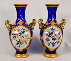 Pair of Blue Hand-Painted and Gilded Vases, Bohemian Glass 20h Century