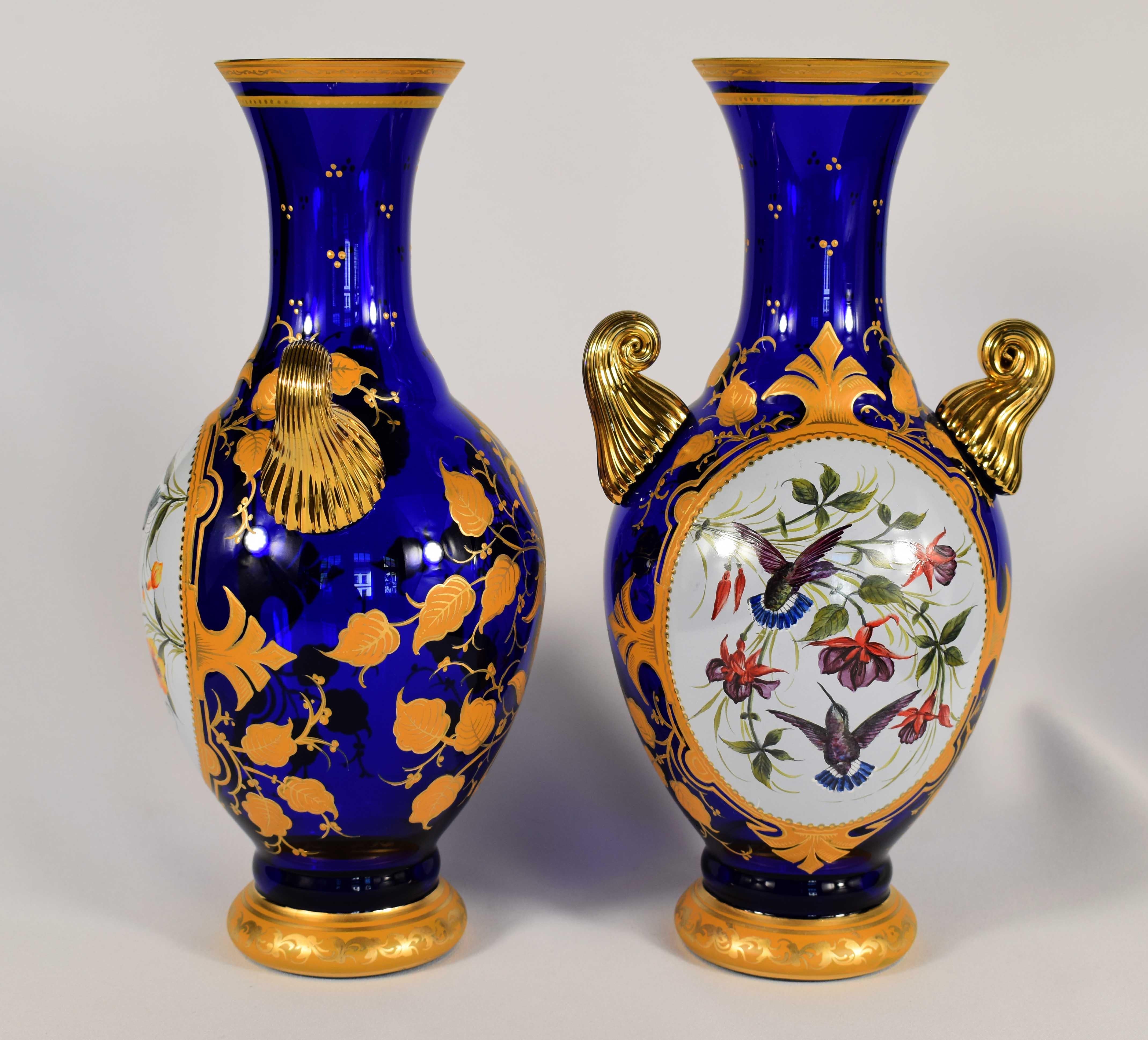 Hand-Crafted Pair of Blue Hand-Painted and Gilded Vases, Bohemian Glass 20h Century For Sale