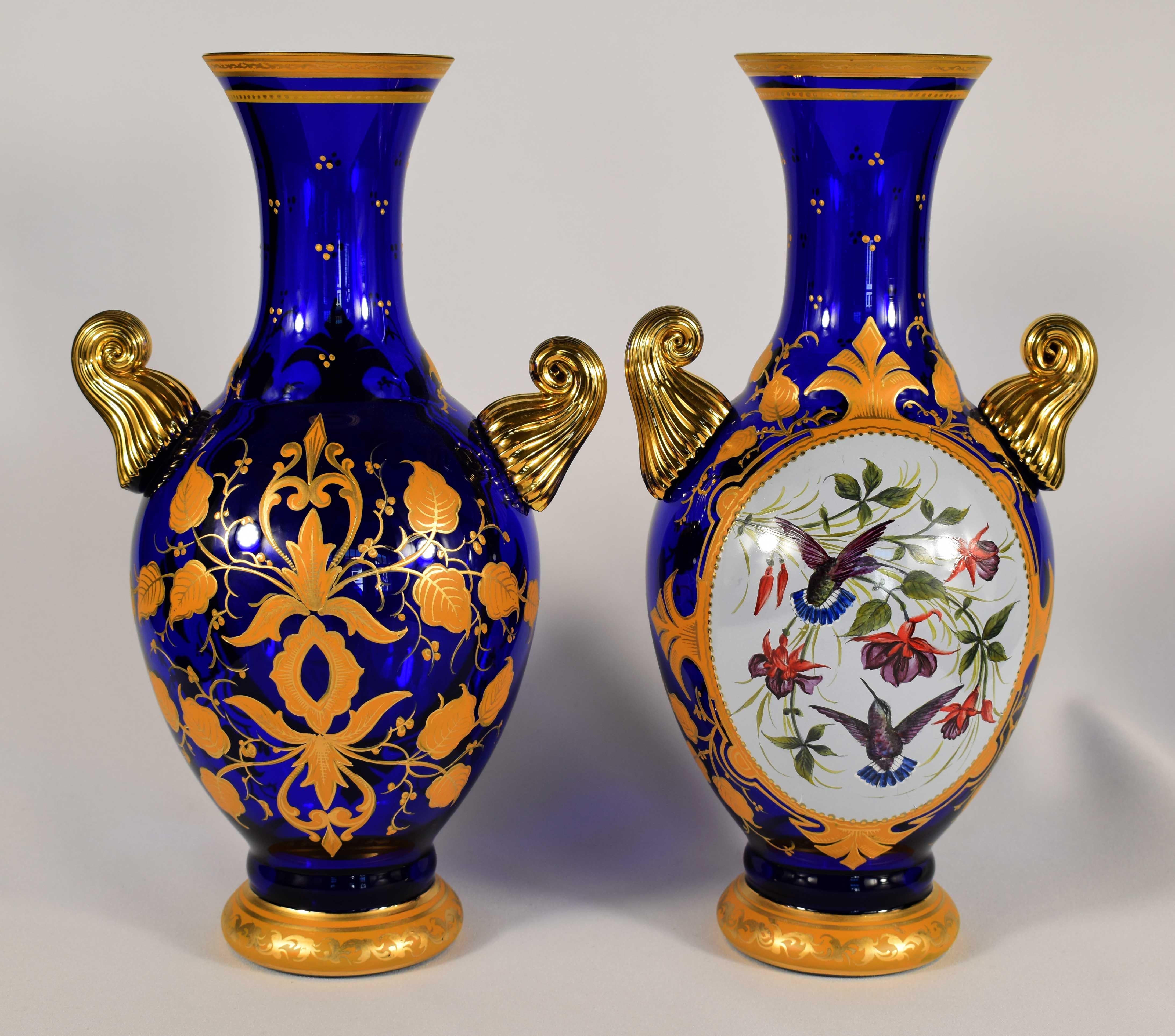 Pair of Blue Hand-Painted and Gilded Vases, Bohemian Glass 20h Century In Good Condition For Sale In Nový Bor, CZ