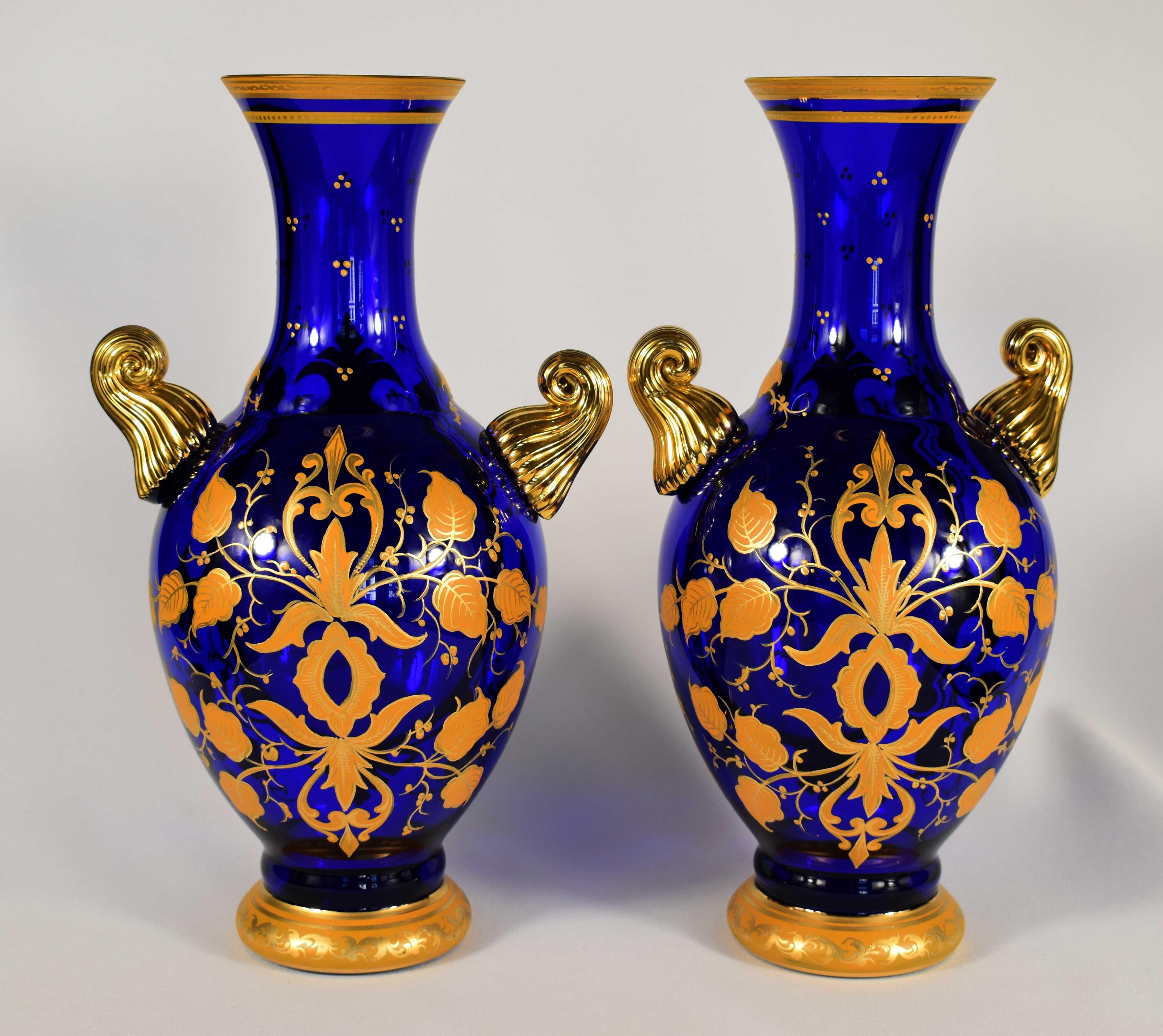 20th Century Pair of Blue Hand-Painted and Gilded Vases, Bohemian Glass 20h Century For Sale