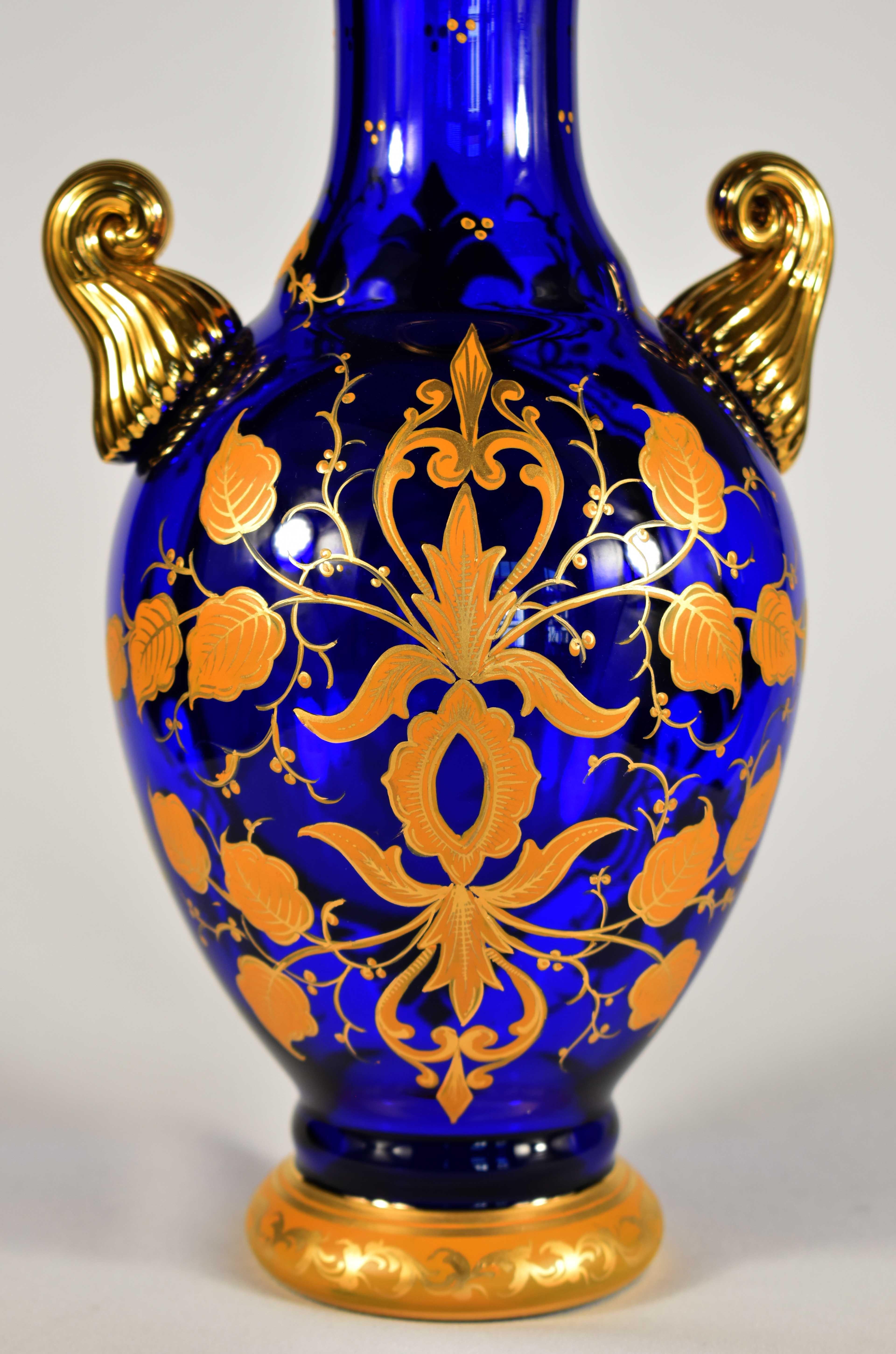 Pair of Blue Hand-Painted and Gilded Vases, Bohemian Glass 20h Century For Sale 1