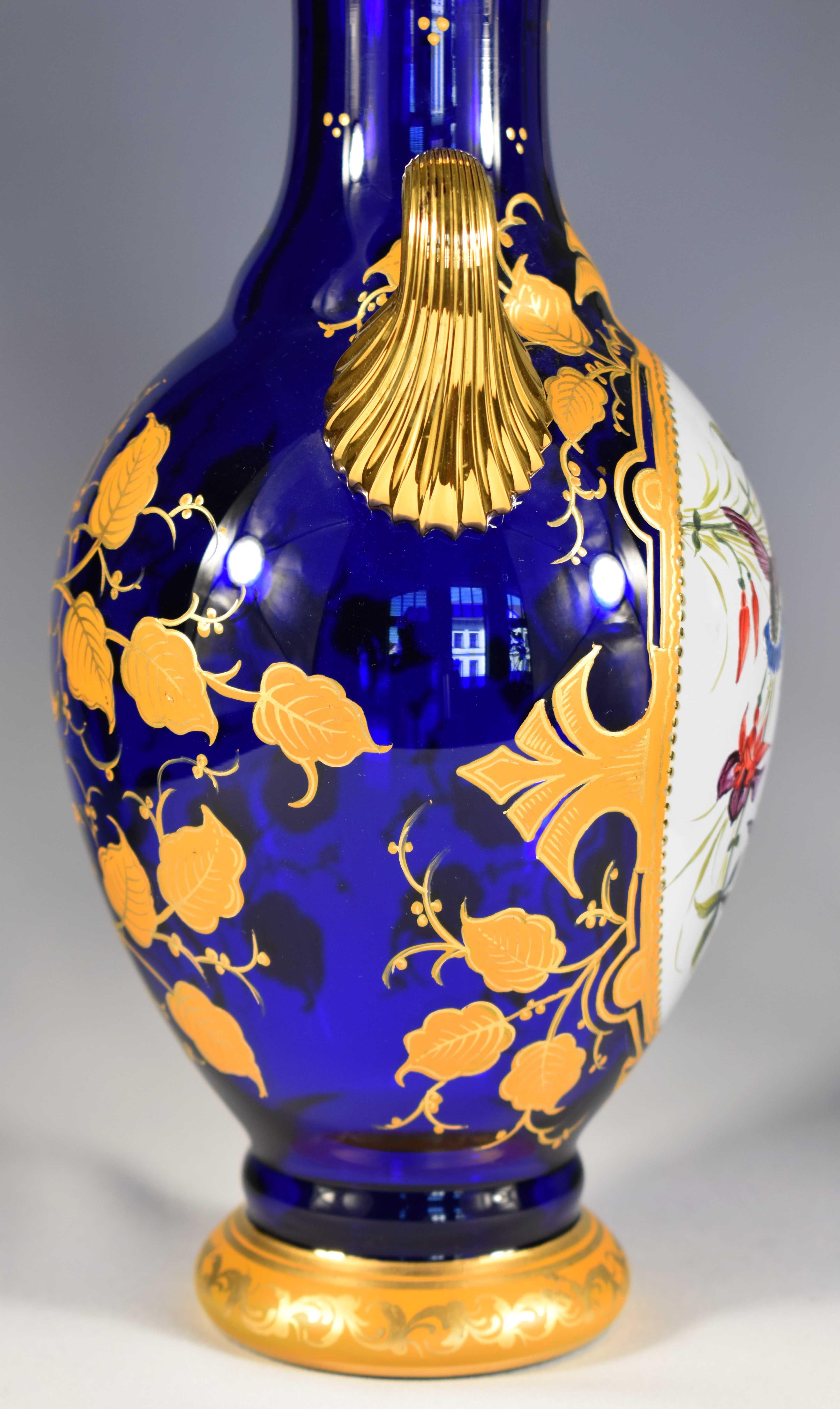 Pair of Blue Hand-Painted and Gilded Vases, Bohemian Glass 20h Century For Sale 2