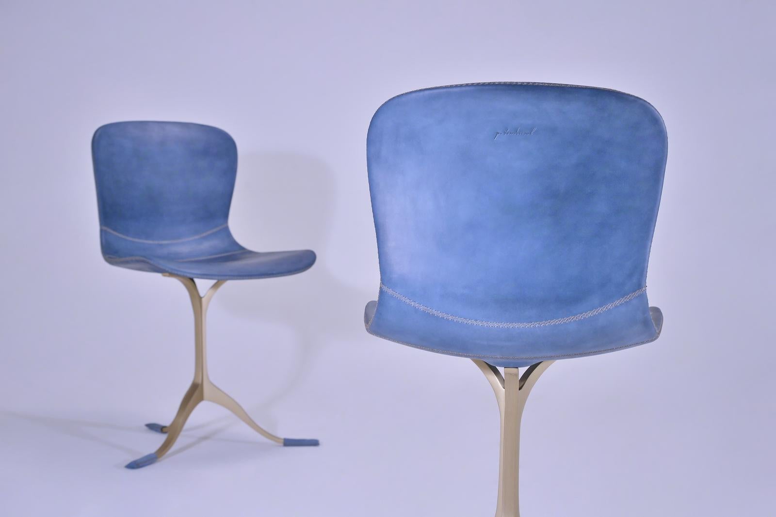 Mid-Century Modern A Pair of Blue Leather and Golden Sand Cast Brass Chairs by P. Tendercool For Sale