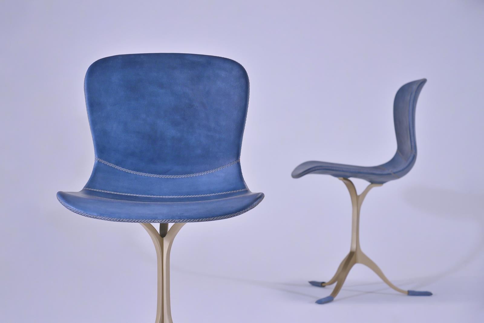 Contemporary A Pair of Blue Leather and Golden Sand Cast Brass Chairs by P. Tendercool For Sale