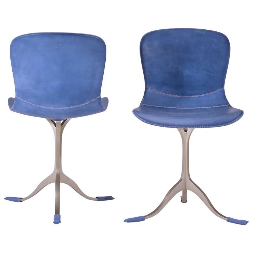 A Pair of Blue Leather and Golden Sand Cast Brass Chairs by P. Tendercool For Sale