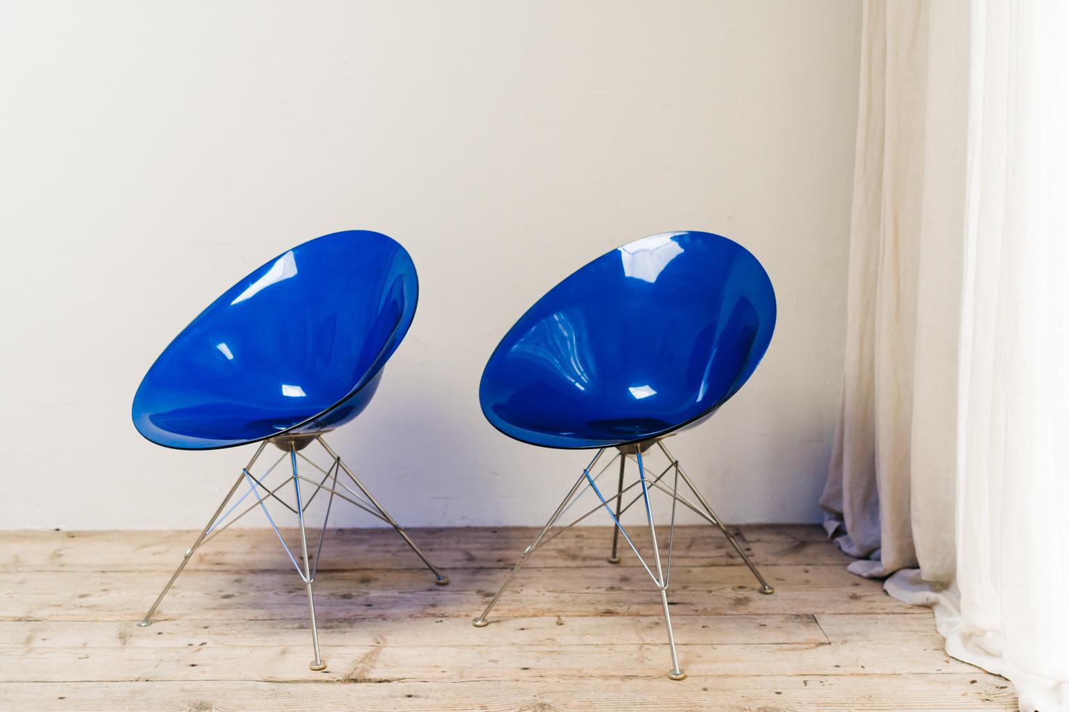 Pair of Blue Plexi Ero Chairs by Philippe Starck for Kartell For Sale 1