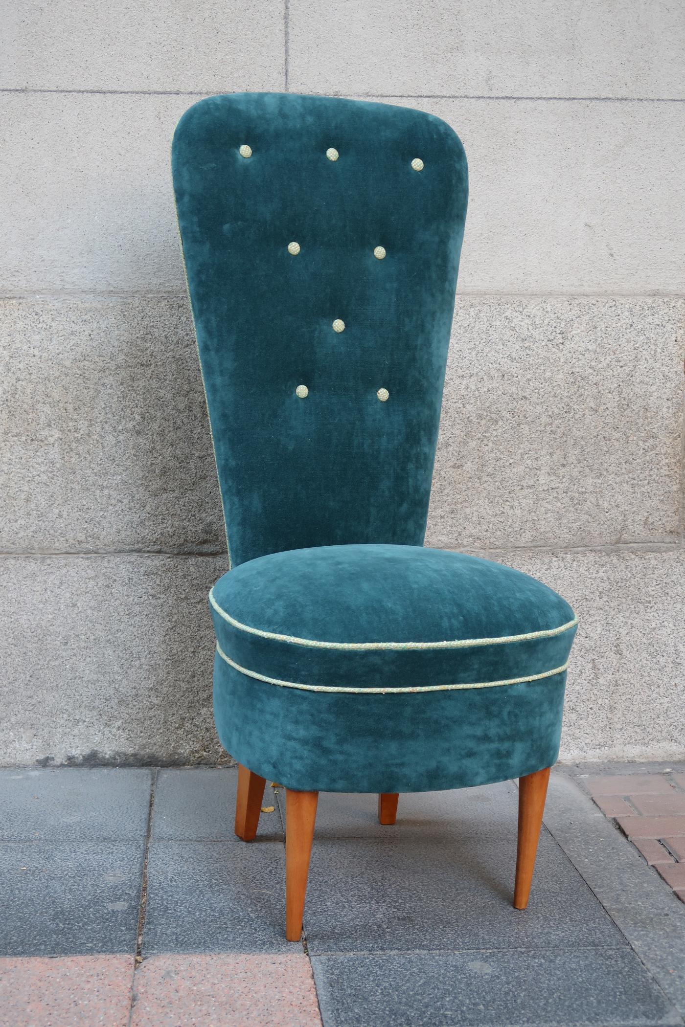 Mid-20th Century Pair of Blue Velvet and Wood Legs Midcentury Italian Lounge Chairs, 1950 For Sale
