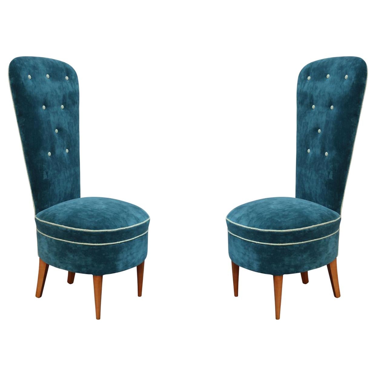 Pair of Blue Velvet and Wood Legs Midcentury Italian Lounge Chairs, 1950 For Sale