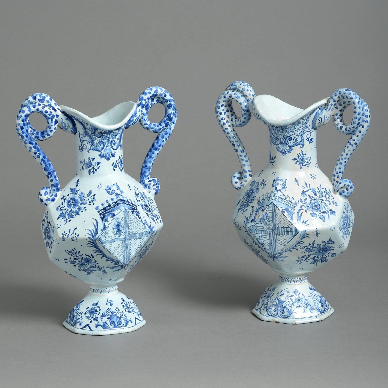 Baroque Pair of Blue and White Faience Pottery Vases