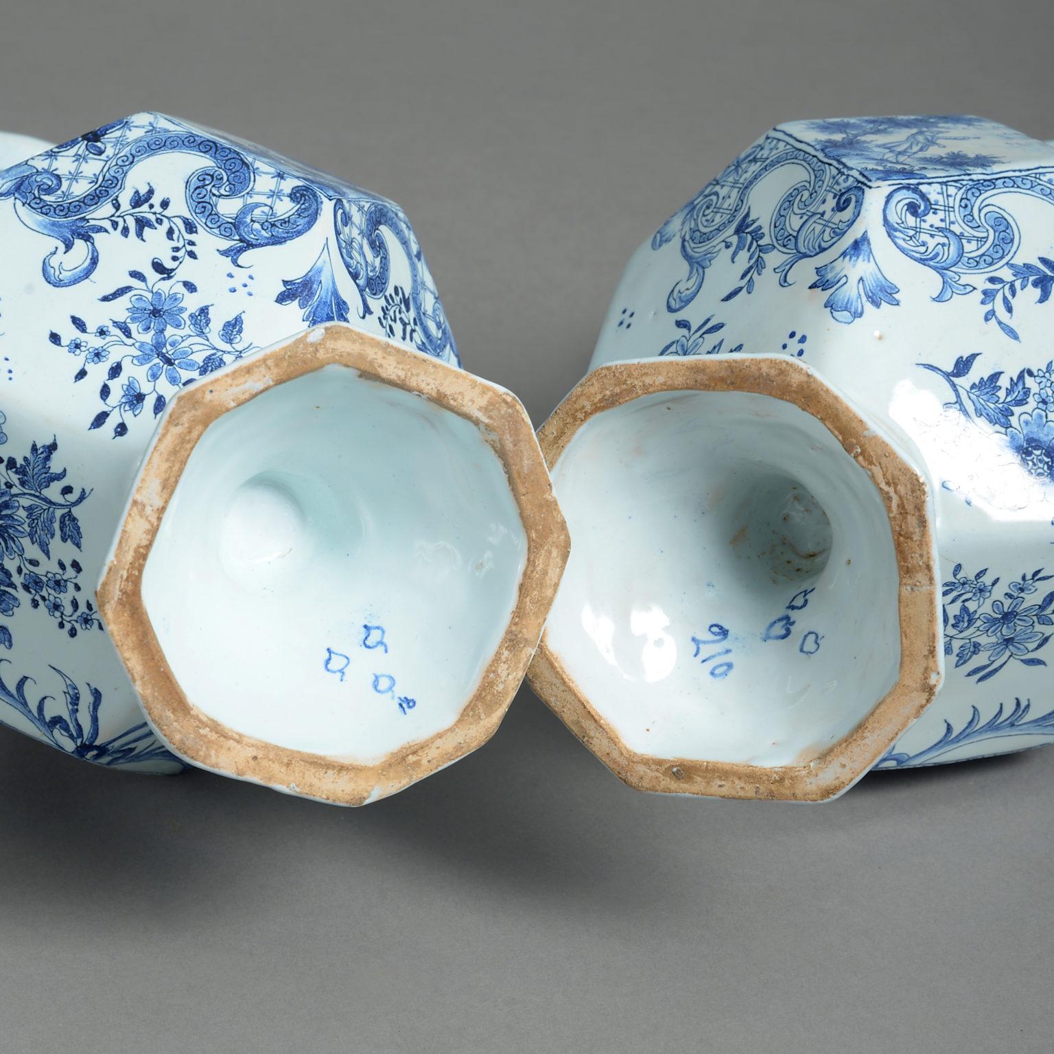 French Pair of Blue and White Faience Pottery Vases