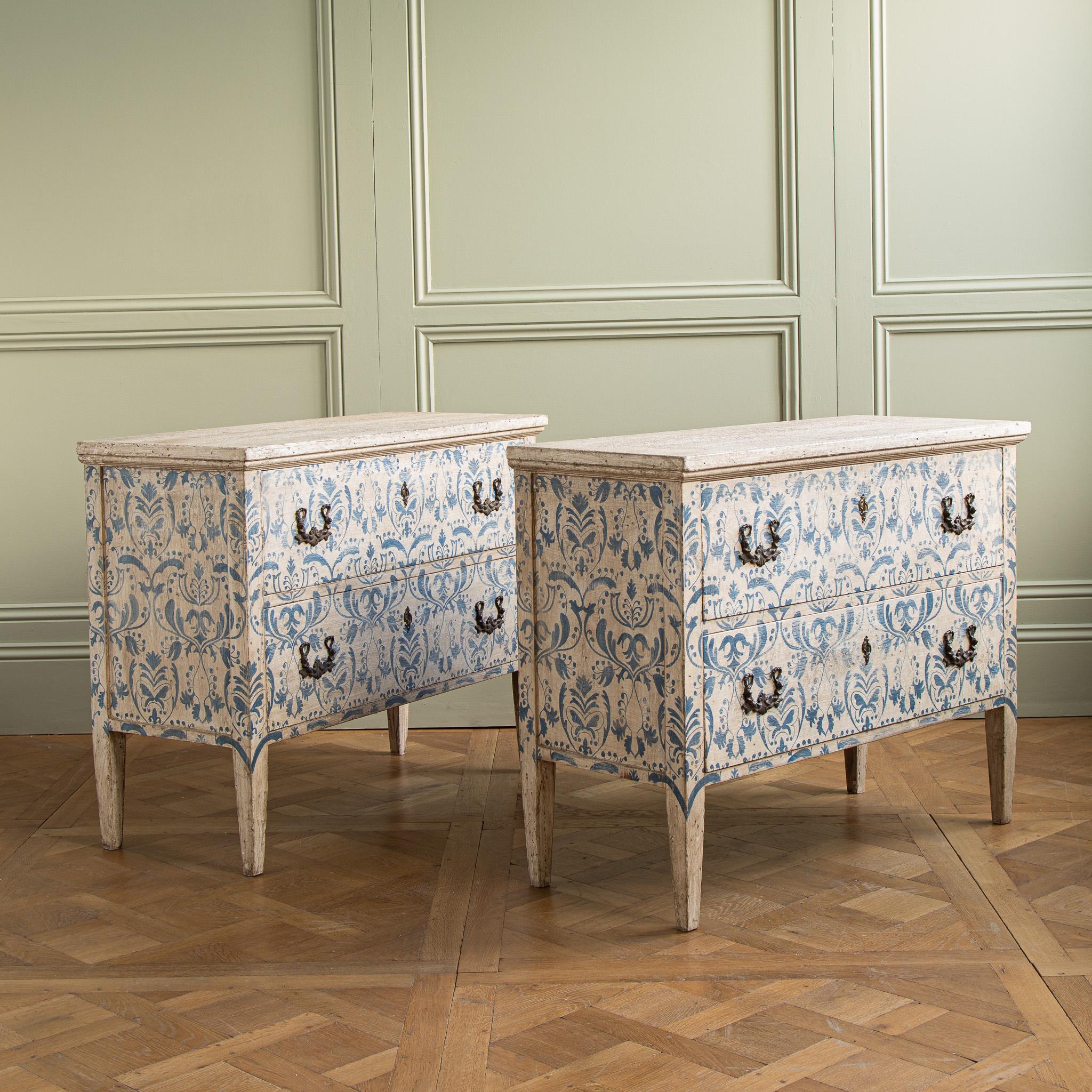 Hand-Painted Pair of  Blue/White Hand Painted Italian Chests of Drawers / Commodes