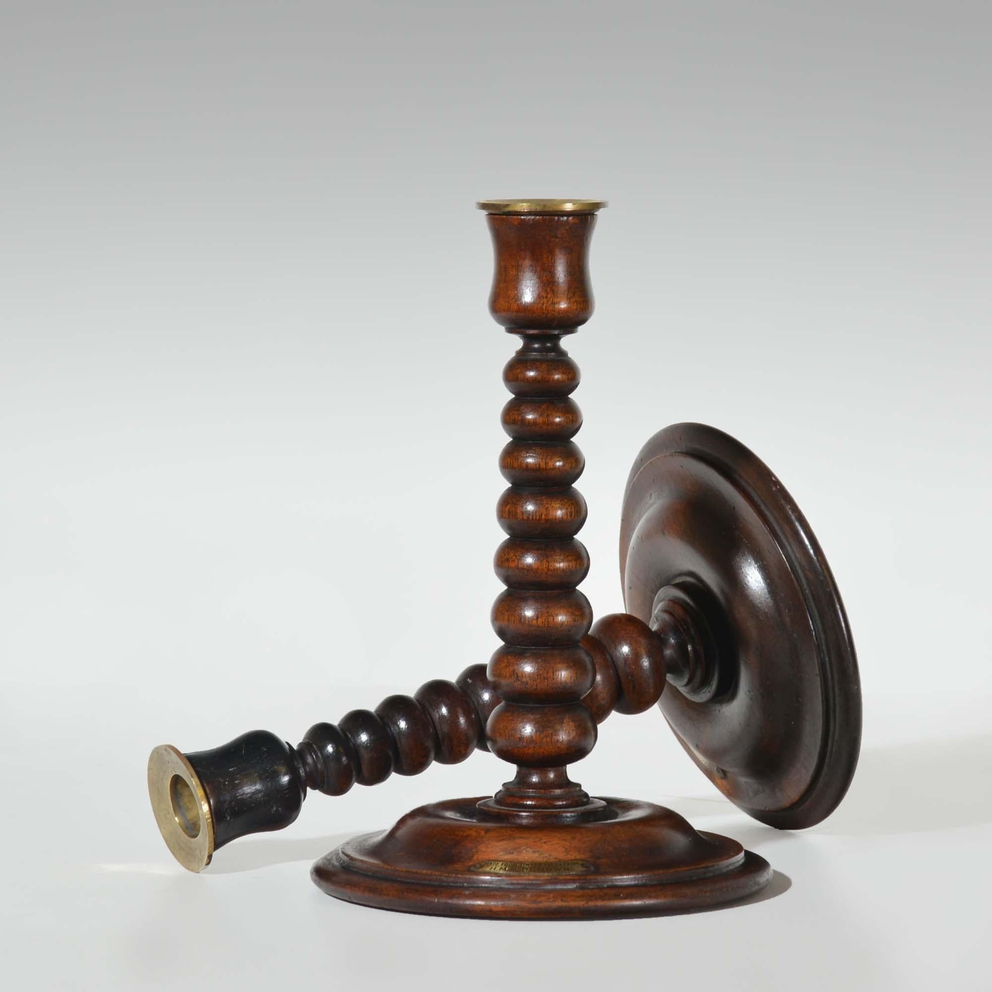 A pair of bobbin turned teak candlesticks - Royal yacht HMS Renown In Good Condition For Sale In Castle Douglas, GB