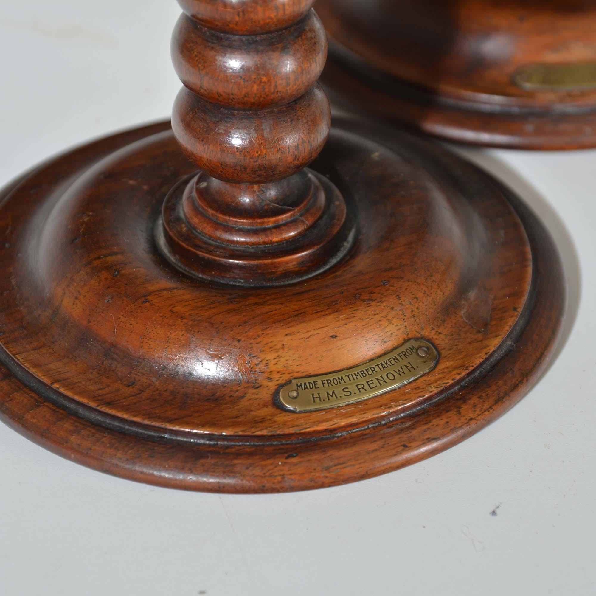 Teak A pair of bobbin turned teak candlesticks - Royal yacht HMS Renown For Sale