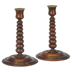 Antique A pair of bobbin turned teak candlesticks - Royal yacht HMS Renown