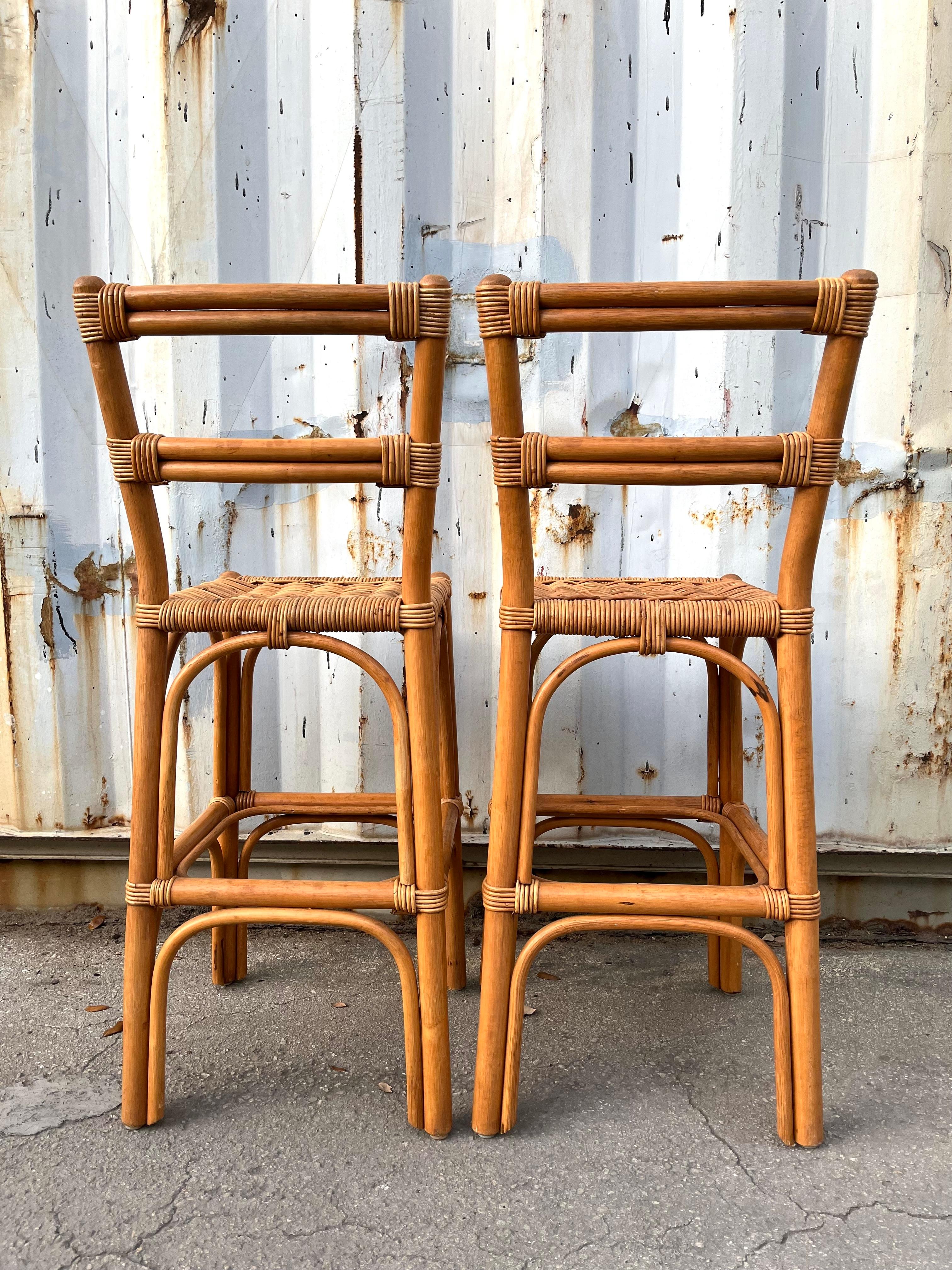A Pair of Bohemian / Coastal Style Rattan Bar Stools. Circa 1970s For Sale 3