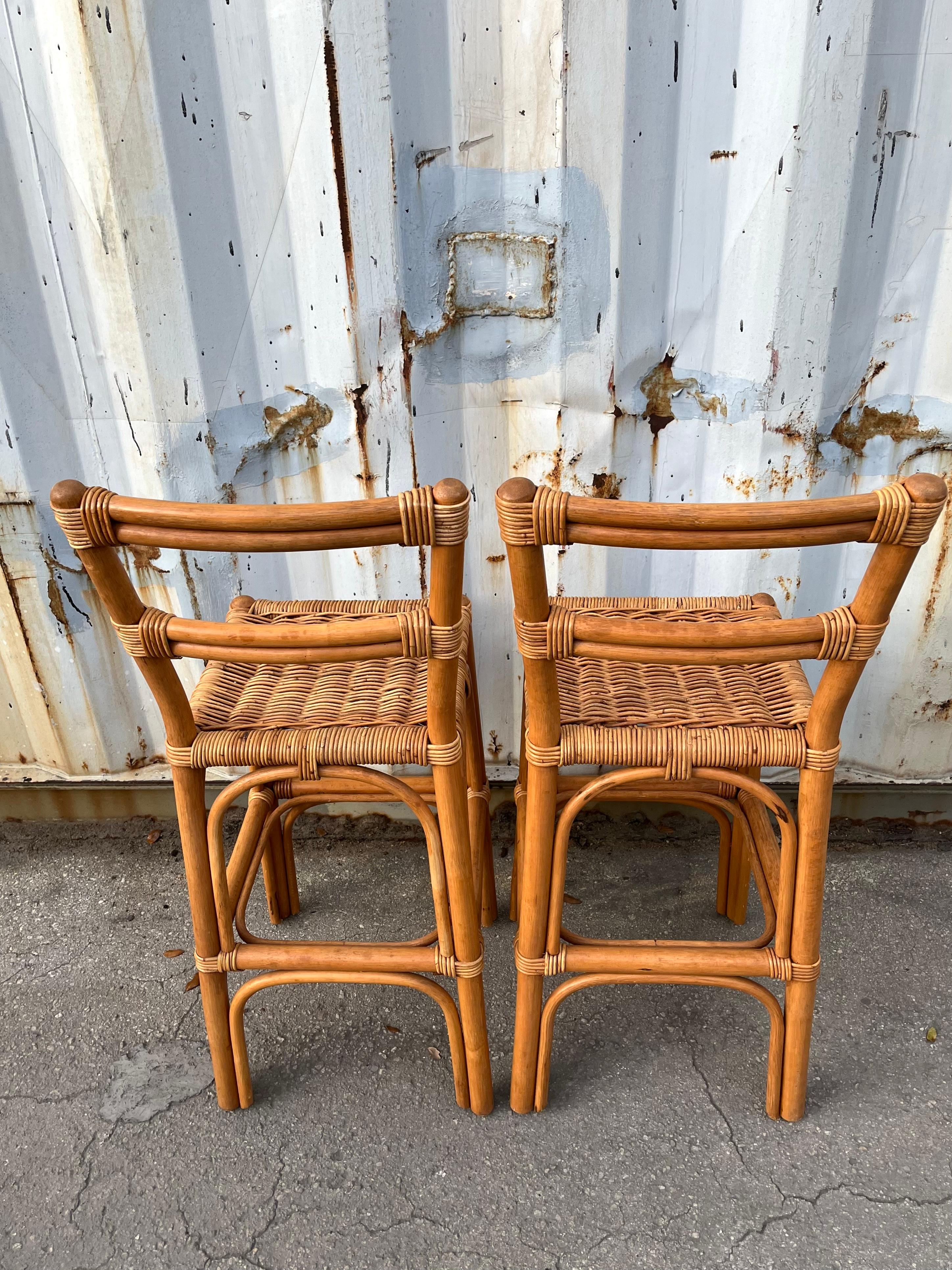 A Pair of Bohemian / Coastal Style Rattan Bar Stools. Circa 1970s For Sale 4