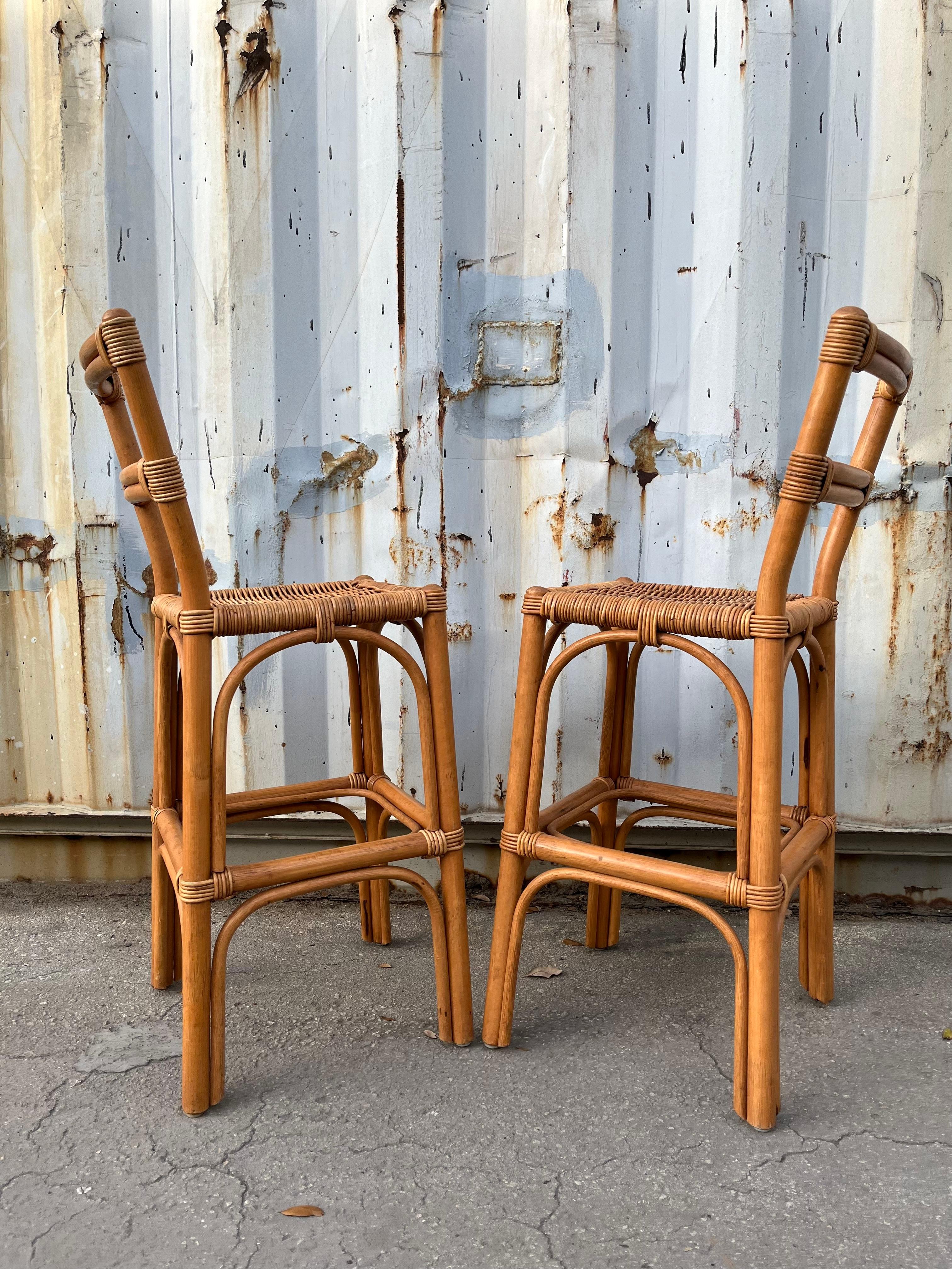 A Pair of Bohemian / Coastal Style Rattan Bar Stools. Circa 1970s For Sale 5