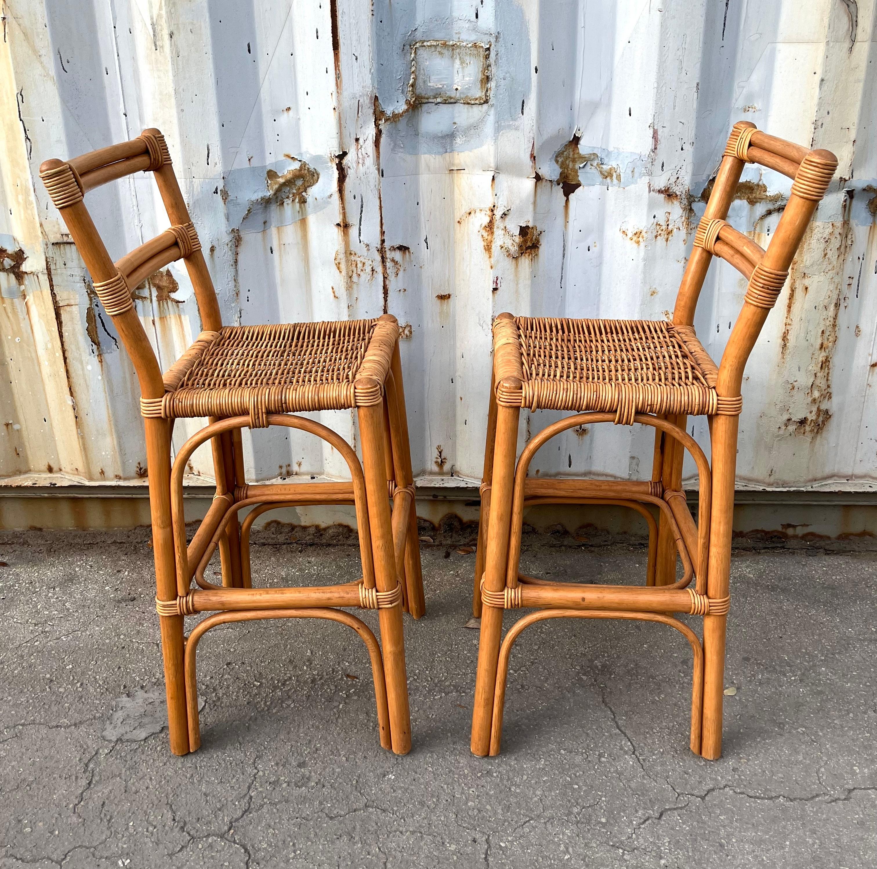 A Pair of Bohemian / Coastal Style Rattan Bar Stools. Circa 1970s For Sale 6