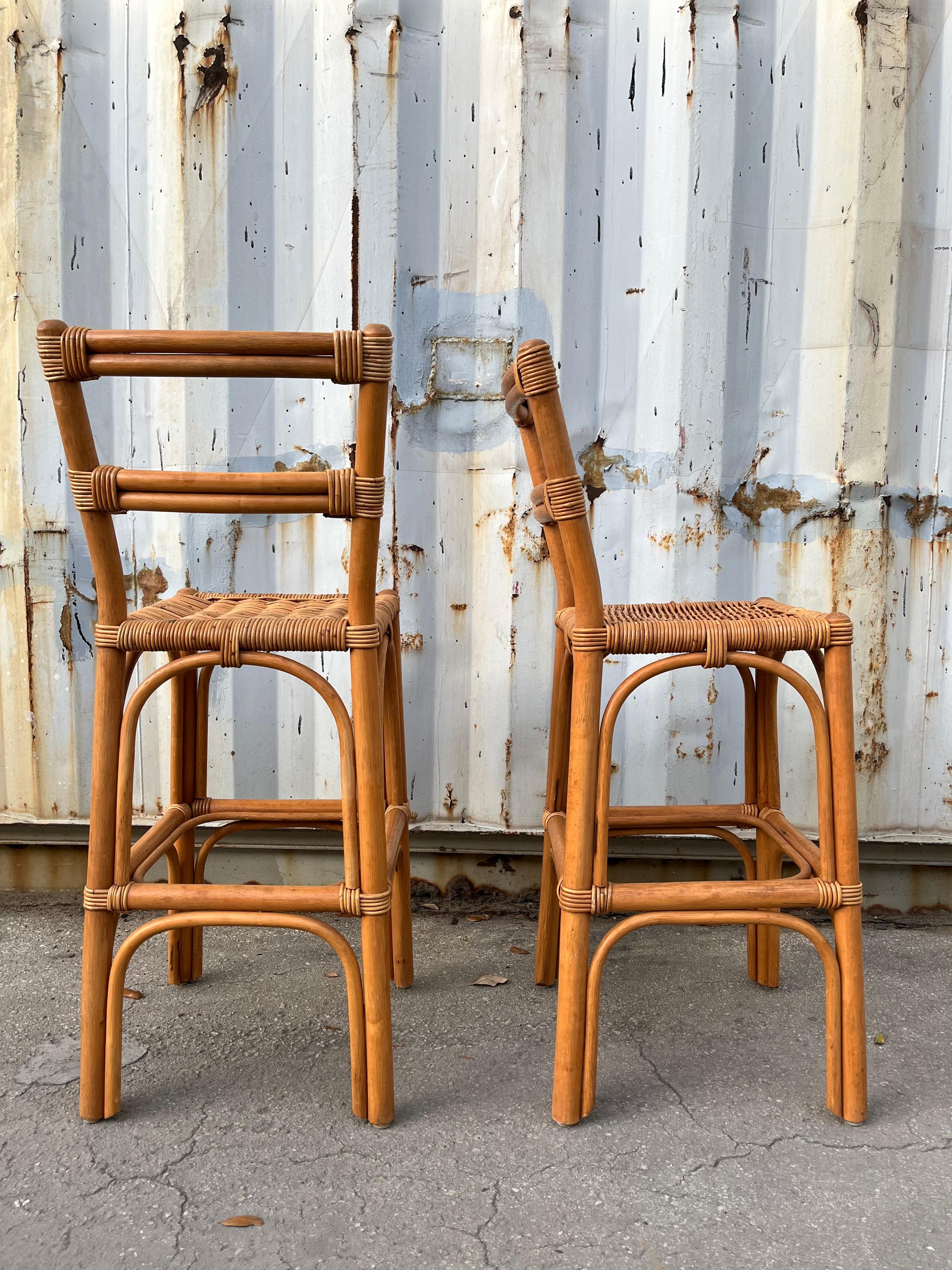 A Pair of Bohemian / Coastal Style Rattan Bar Stools. Circa 1970s For Sale 7