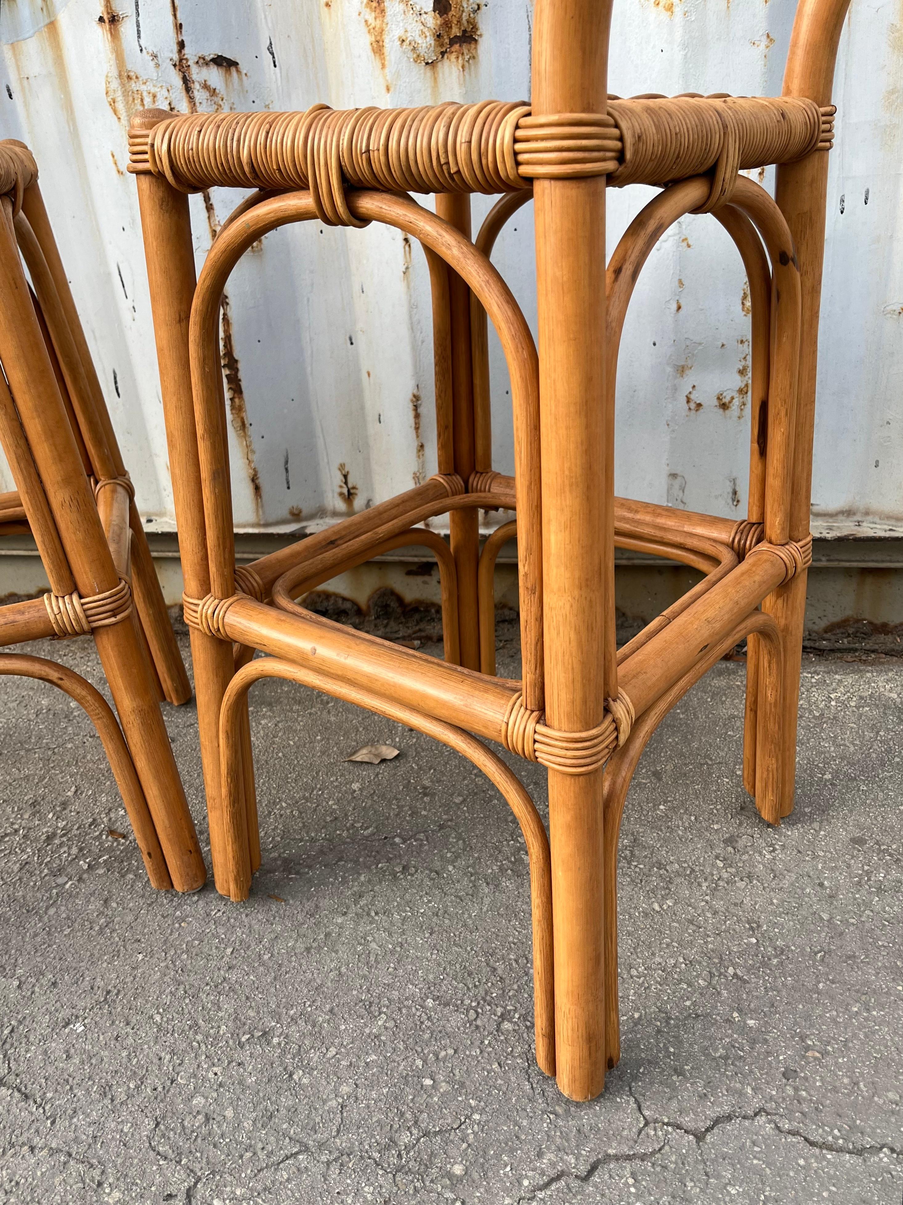 A Pair of Bohemian / Coastal Style Rattan Bar Stools. Circa 1970s For Sale 8