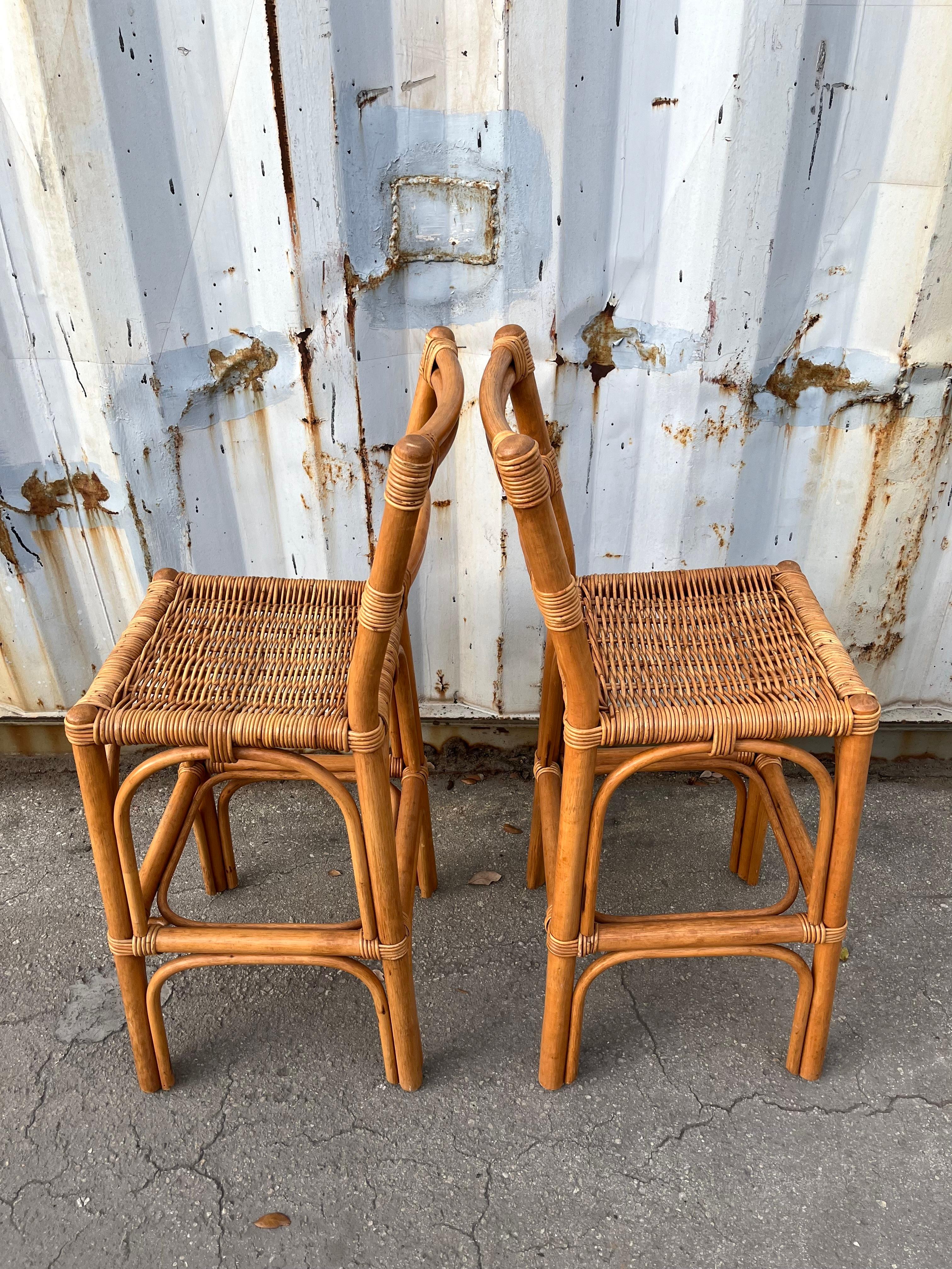A Pair of Bohemian / Coastal Style Rattan Bar Stools. Circa 1970s For Sale 9